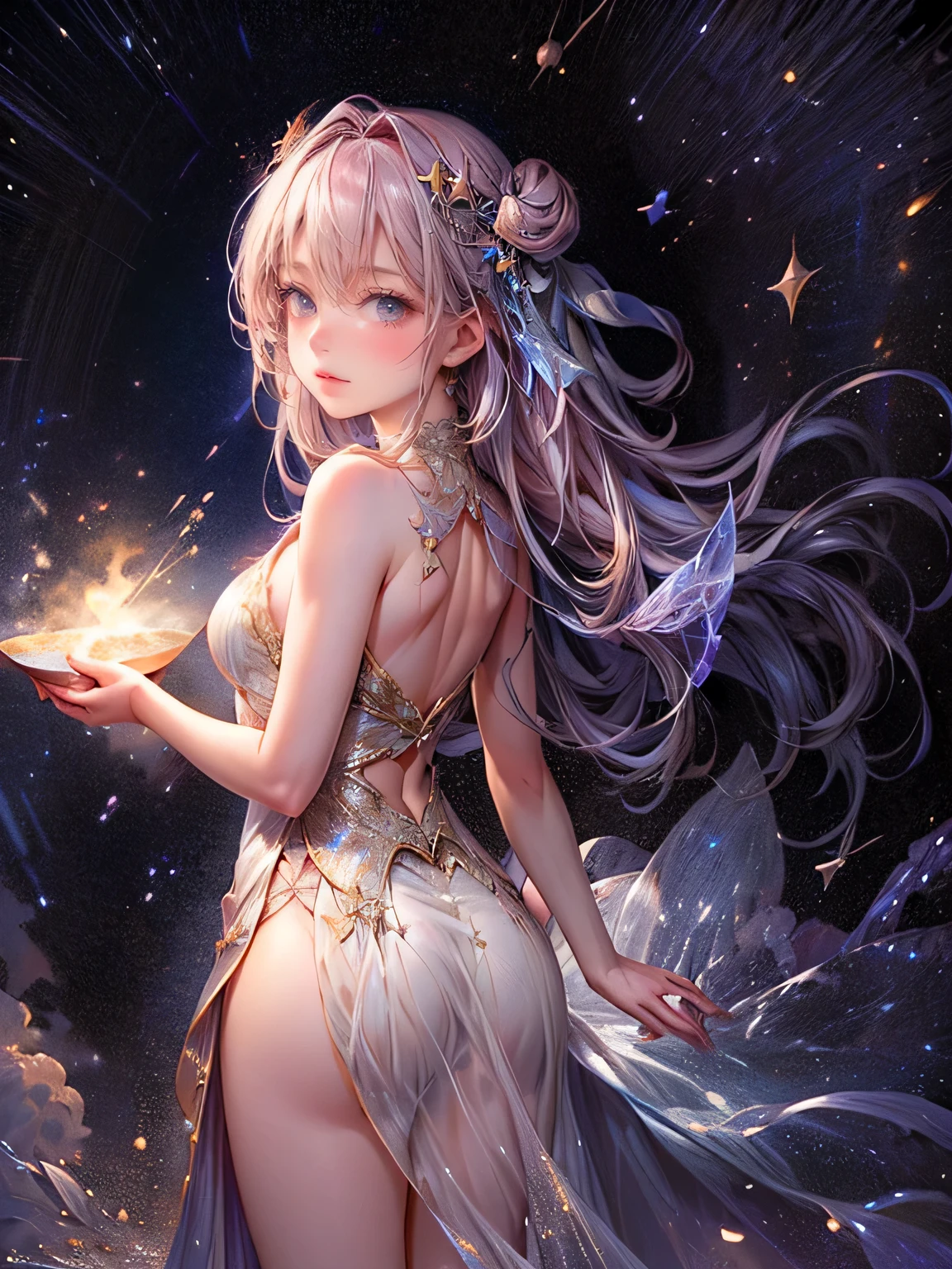 octans,Star Fairy,燦めくStars in the night sky,milky way,transparent bowl gown dress(flowing),beautiful delicate(Stars in the night sky,hair,face,eyes,lips,skin,thigh,clothes),sparkling eyes,bright rosy lips,view from behind