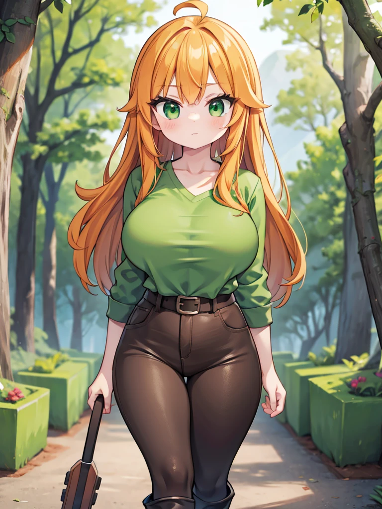 1girl, cute girl, Alex from Minecraft, (solo), (Orange hair), (slightly messy hair), (Lush, Thick, long hair), Beautiful Green eyes, ((Very Gigantic Breasts)). Wearing a (worn Green Tunic), (worn DarkBrown Pants), and (Grey Boots). Walking on a trail in a Forest, with a happy and focused facial expression. ((detail face)), 8k, super detail, masterpiece, high quality, high resolution, high detail, high face detail, HD quality, very cute, bright, she is hiking on a Forest trail in the mountains.