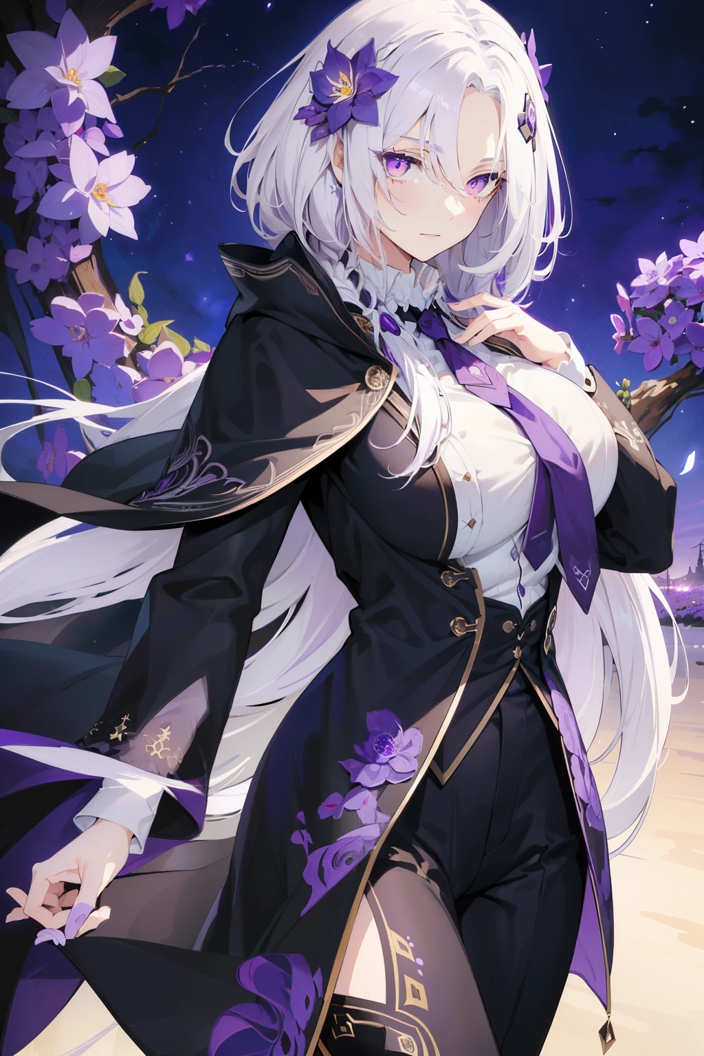 (best quality:1.3), (masterpiece:1.3), (illustration:1.3), (ultra-detailed:1.3), 1girl, (((large breasts))), ((((purple eyes))), (((white hair))), hair ornaments, tall, mature, long hair, black suit, necktie, cloak, long sleeves, black pants, dressaug, hair between eyes, purple flowers, looking at viewer, hair ornament, night sky, glowing purple flowers, french braids, nice hands, perfect hands, 