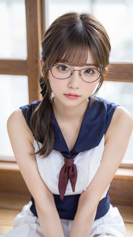 Sitting with legs crossed,1 girl, Very bright backlight,alone, {Beautiful and detailed}, (ベッドにLying写真), Very beautiful big (Huge breasts:1.5) And a small waist ((Press the chest)) ,Big Breasts,Calm expression, Natural soft light,, Delicate features, Blunt bangs, Beautiful Japanese Girl, 18-year-old, ((Seductive pose)), attractive figure,(Blonde), Light grain, Real Hands, masterpiece, highest quality, Realistic, Very detailed, In detail, High resolution,Beautiful Hair, Perfect dynamic composition, Beautiful and beautiful eyes, Japanese Idols,((I'm nervous and embarrassed)),Sharp focus, beauty mix, (Sailor suit:1.3),Movie Girl,Exhibitionism,Showing off,(short hair:1.5),(Curly Hair),(shameful),(Glasses),Intellectual atmosphere,student,shirt,skirt,tie,Button open,glossy,sexy,Shyness,Lying,Lying down,(Hair tied back),(Health Room)(ponytail)