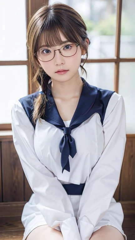 Sitting with legs crossed,1 girl, Very bright backlight,alone, {Beautiful and detailed}, (ベッドにLying写真), Very beautiful big (Huge breasts:1.5) And a small waist ((Press the chest)) ,Big Breasts,Calm expression, Natural soft light,, Delicate features, Blunt bangs, Beautiful Japanese Girl, 18-year-old, ((Seductive pose)), attractive figure,(Blonde), Light grain, Real Hands, masterpiece, highest quality, Realistic, Very detailed, In detail, High resolution,Beautiful Hair, Perfect dynamic composition, Beautiful and beautiful eyes, Japanese Idols,((I&#39;m nervous and embarrassed)),Sharp focus, beauty mix, (Sailor suit:1.3),Movie Girl,Exhibitionism,Showing off,（short hair:1.5),(Curly Hair),(shameful),(Glasses),Intellectual atmosphere,student,shirt,skirt,tie,Button open,glossy,sexy,Shyness,Lying,Lying down,(Hair tied back),(Health Room)(ponytail)