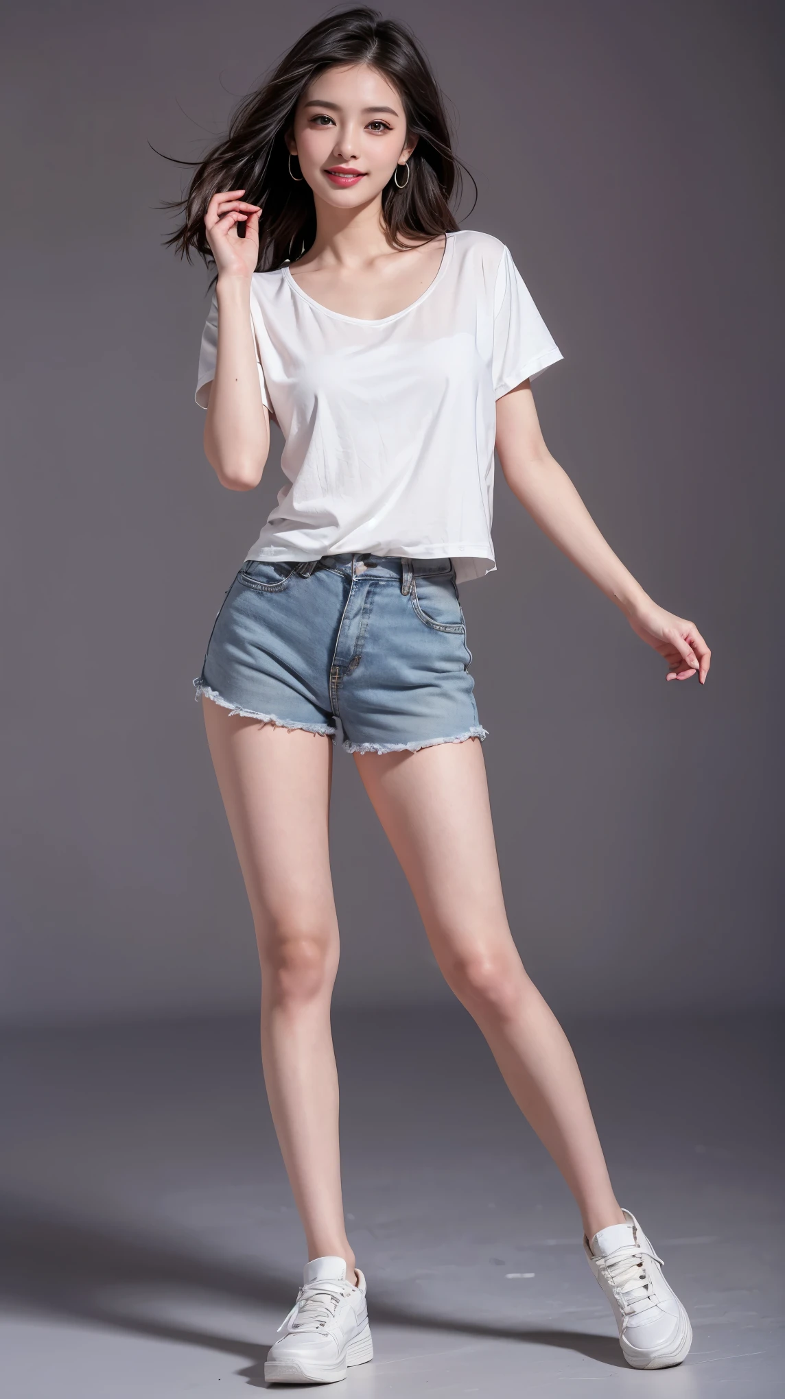 highest quality,masterpiece,Ultra-high resolution,Original photo,Ultra-high resolution，Beautiful woman 25 years old woman&#39;Fashion that was popular in the 1990s，Long legs:1.5，Shorts，Full Body，Flashy makeup using red eyeshadow，Big smile，Short cut with subtle side waves，Gray background，