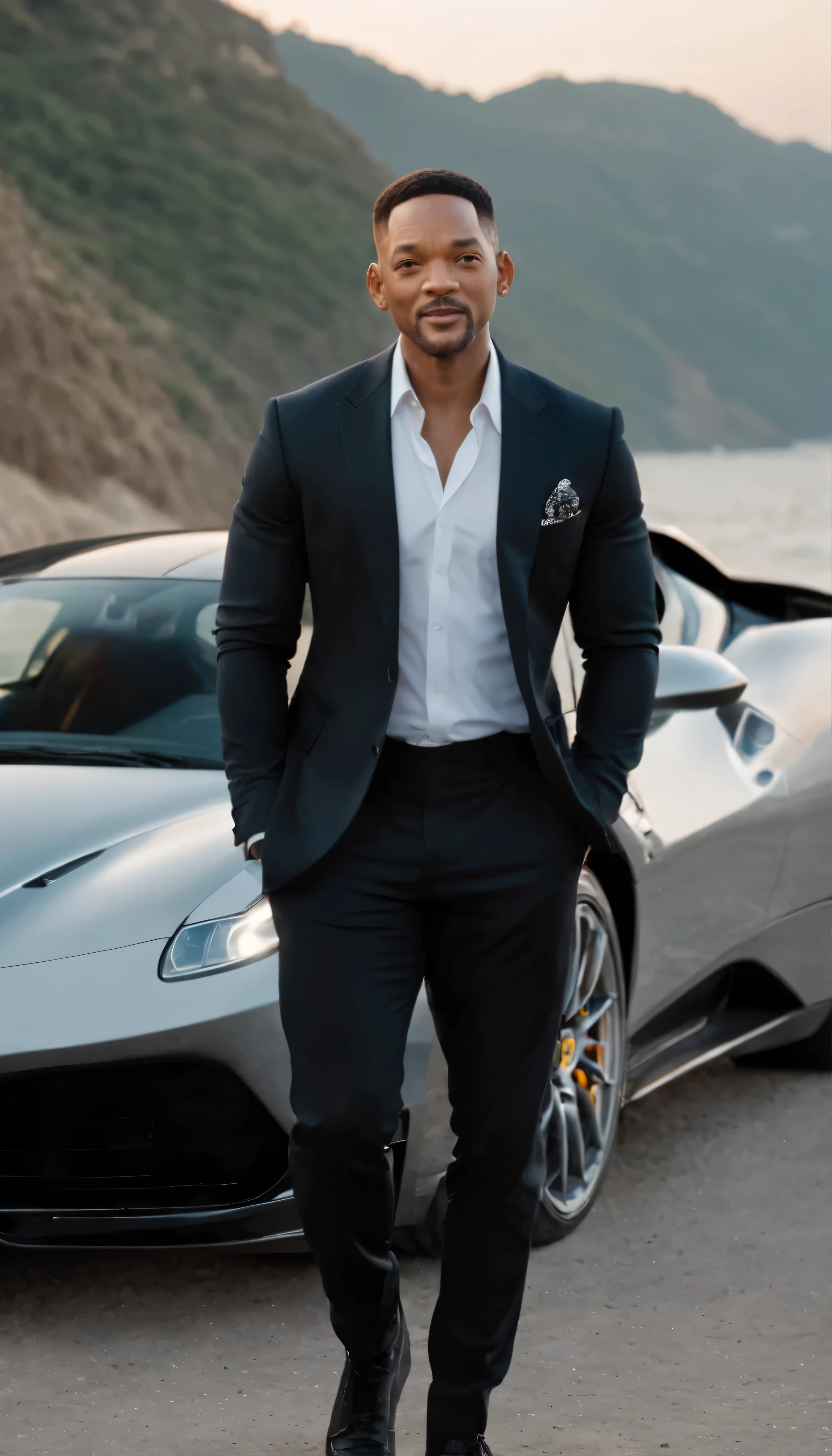movie「Bat Boys II」So、High-resolution images emerge of Will Smith getting out of his Ferrari looking confident and enthusiastic.。Masterpiece imagery with intricate facial details、Slight wrinkles around the eyes、A clear curve of the nose、Reveals small lines at the corners of the mouth、It creates a real atmosphere。The setting is a seaside road、The sun sets behind me、Water sparkles in the distance、Casts a long, dramatic shadow。Will Smith with his muscular build and black suit、Standing in front of the Ferrari。