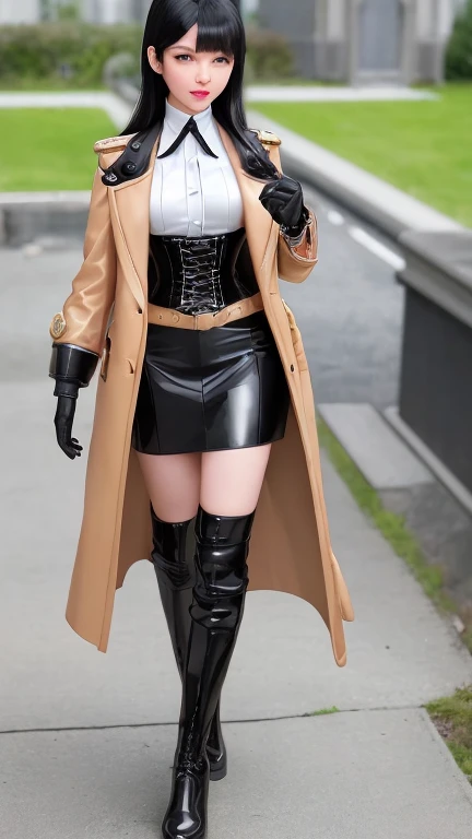 masterpiece, best quality, highres, hmsl1, long sleeves, open clothes, sleeves past wrists, black leather skirt, white shirt and corset on, hight boots, long detective coat, small breast, cowboy shot, outdoors, street, standing. a cartoon picture of a woman walking down a street, a character portrait, by Kamagurka, pixel art, steampunk inventor girl, black hairs , girl wearing leather uniform, ecchi anime style, girl with warship parts, (sfw) safe for work, hagrid in cute anime style, manga book anime style, long detective coat, full body 