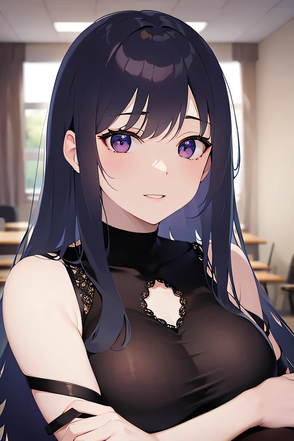 Side angle, (avert your eyes:1.5), Realistic, (Pale skin: 1.2), RAW Photos, Realistic, Portrait Photography, Shiny skin, Japanese Idols,Shiny Hair,(A 25-year-old woman with medium-length straight hair and bangs) and (Black Hair) and (Purple eyes) ,smile, Background is an office room,by 2 person,All naked,naked