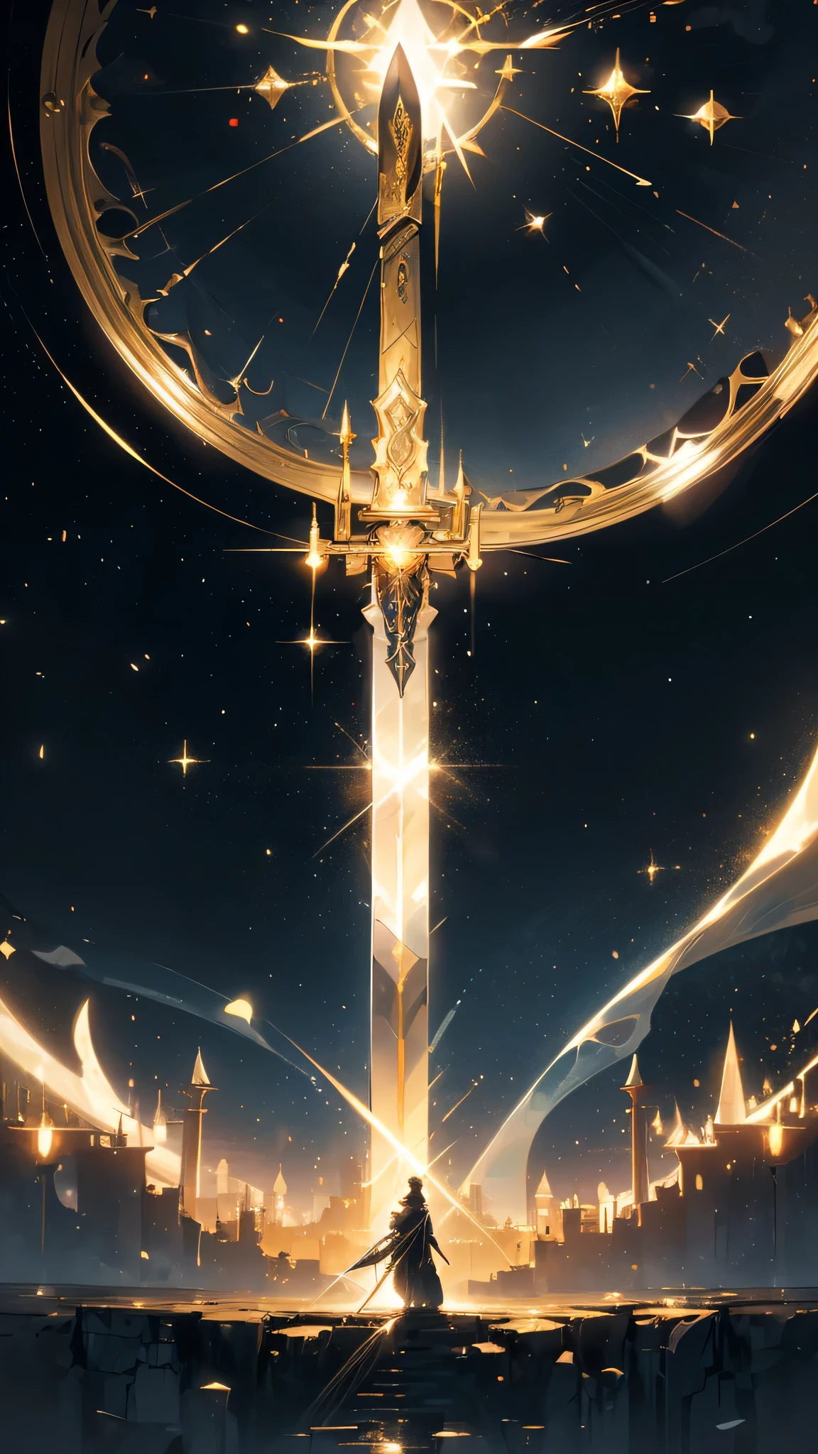 ability, magic , celestial, stars, moon, illuminated golden, golden accents, black accents, swords, fantasy view, swords and magical tools, golden color only, golden light, golden sword, golden weapons, light ((( setting with sword mounts, low light and leaks))), {extremely detailed 16k CG unit wallpaper}, expansive landscape photography, (a view from below with focus on character and setting), ( wide open field view), (low angle shot), (high light: 1.2), (low light: 1.8), (warm light source: 1.2), complex details, (iridescent colors: 1.5), (bright lighting ), (atmospheric lighting), dreamy, unique,