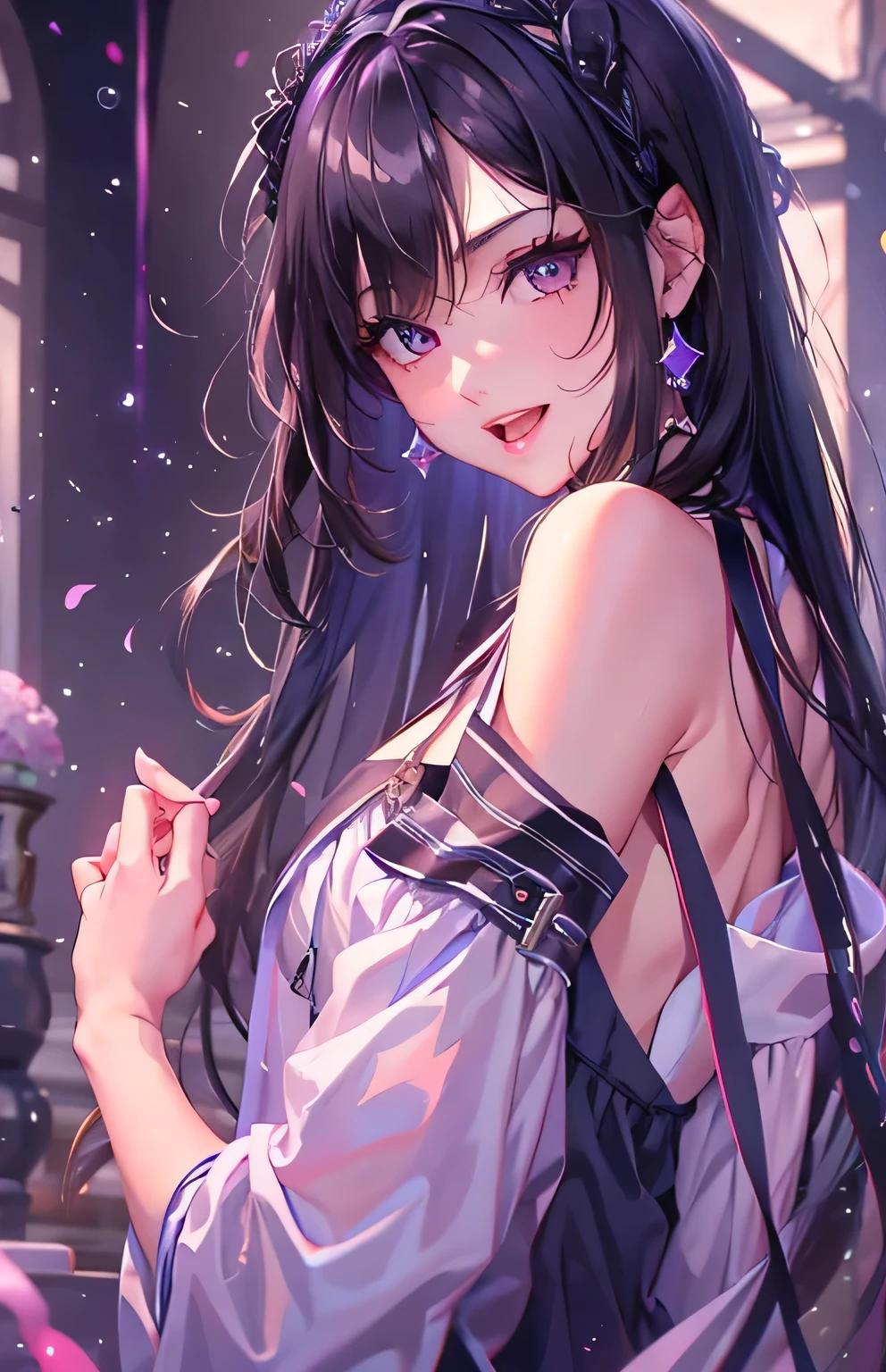 1girl, chitanda eru, long hair, black hair, , purple eyes, white shirt, white socks, pleated skirt, bangs, black sailor collar, neckerchief, black skirt, long sleeves, (shirt lift:1.2), navel, bra,