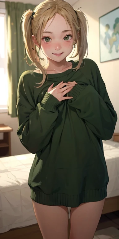 Realistic、 18-year-old girl((Grab your chest with both hands))、wearing green sweater、Small and flat chest、smile、Sexy pose、I'm sweating、Redness on the cheeks、Blonde twin tail hair、In the bedroom、female masturbation,