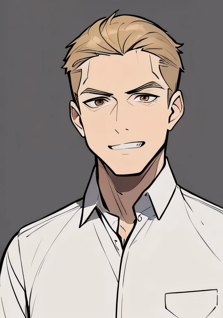One 45 year old Adult male, handsome, brownish blonde short hair parted down the middle, side burns, stubble, brown eyes, cocky overconfident and murderous expression, shit eating grin, wearing white collared shirt, portrait style, facing forwards, plain grey background
