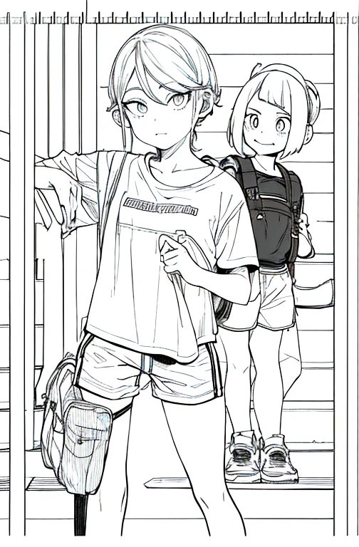 obra maestra, de primera calidad, 1 chica en, ropa deportiva, expresifeliz, una mochila, ojos negros, ciberpunk, una escalera cabello corto, dibujo lineal、con hielo my hero academia