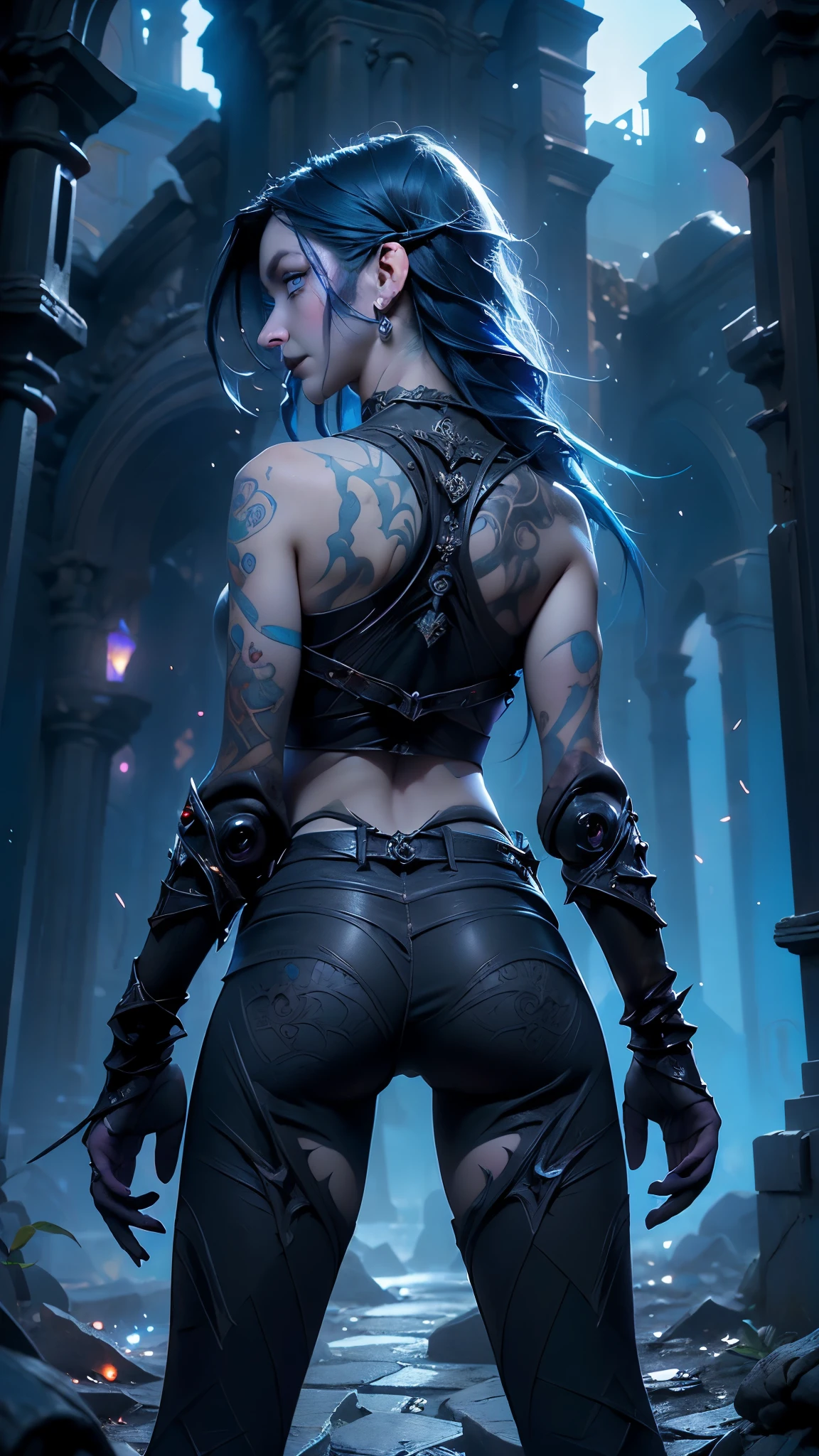 (La mejor calidad,A high resolution,Ultra - detallado,actual),arcane jinx cabello azul, top ????? sin mangas, (cabello largo azul trenzado :1.4),(cabello cola de caballo trenzado :1.4), pantalones ajustados,,(Fondo de ruinas de mazmorra en ruinas:1.4 ), (Detalles de la cara: 1.5, ojos azules brillantes, hermoso rostro, ojos bonitos, Contorno del iris, labios delgados: 1.5, Thin, sharp pale eyebrows, Long, dark eyelashes, double tabs),(manos perfectas: 1.4) , (arcane jinx:1.4), (arcane jinx V2.1), ,(Fondo de ruinas de mazmorra en ruinas:1.4 ), score_9, score_8_up, score_7_up, score_6_up, rating_????????, 1girl, ((18YO:1.2)), Adult, full lips, big clear eyes, light blue eyes, ,(Fondo de ruinas de mazmorra en ruinas:1.4 ), (rear view, backside view),