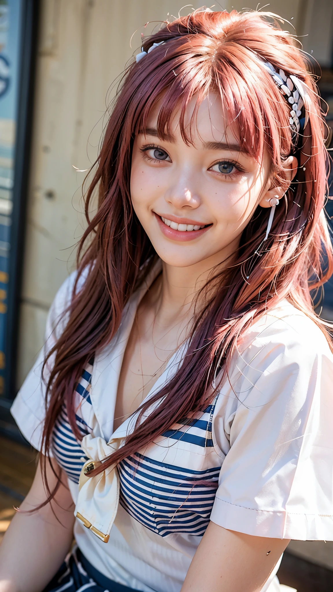 highest quality, masterpiece, Ultra-high resolution, (Realistic:1.4), (Close-up portrait) RAW Photos, 1 girl,20-year-old,((Wireless Earphones)),((Nose Piercing)),,((Passionate pink hair)),((Navy blue with white stripes high school sailor uniform fashion)),Messy Hair,((Bangs short)),Realistic,Picture Media Chest)),((Smiling with teeth showing)),((Big smile))