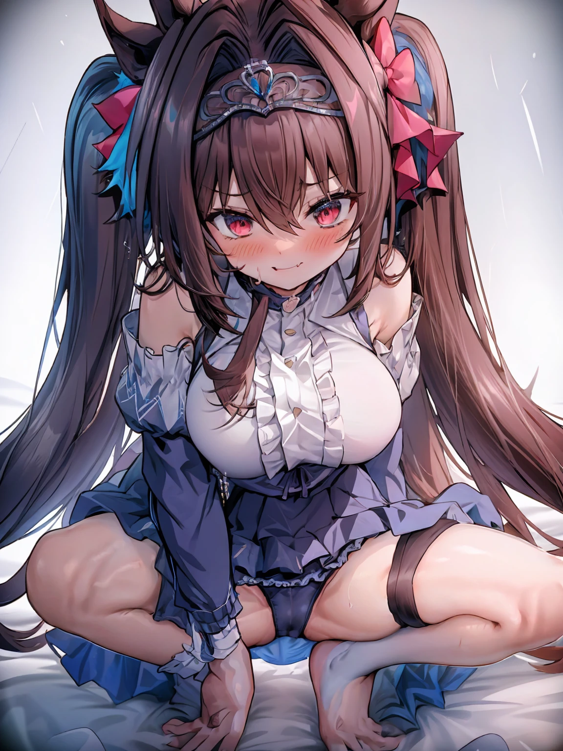 One Woman、Cute Woman、plump thighs、Best image quality、High resolution、masterpiece、super high quality、Spread your legs、Black bra、Black panties、I can see her panties、とてもBig Ass、Blushing、4K quality、Thick thighs、Big Ass、Squat with your legs apart、Blushed、Big Breasts、Proud face、Wearing black stockings、bed、Spread your legs wide、Ridiculously big、Very big ass、Low angle shot、Breasts that are too big、Sweaty all over、Heavy breathing、My breasts are bouncing up and down、heart、Sticking out tongue、Lower body close-up、Panties in the hands