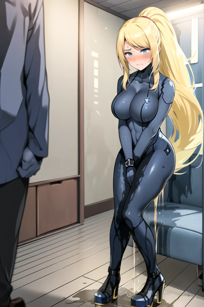 samus aran, (facing viewer:1.25), ponytail, large breasts, hair tie, blue gloves, blue bodysuit, (full bodysuit:1.5), high heels, (standing straight:2.0), peeing herself, (wetting herself:1.5), very large peeing stain, huge pee stain, best quality, ultra-detailed, HDR, studio lighting, professional, vivid colors, sharp focus, physiologically-based rendering, bokeh, landscape, blue color palette, soft lighting, dynamic shadows, (hands on thighs:1.5), embarrassed, humiliation, blushing, angry, tears