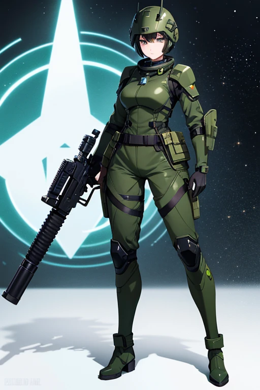 Anime Art、Full body portrait、Space Sci-Fi Soldier、A Russian woman, around 170cm tall, around 34 years old, wearing dark green body armor, holding a rifle in her right hand、Expressionless、Short black hair、Dark green eyes、gloves、boots、Wearing a dark green helmet