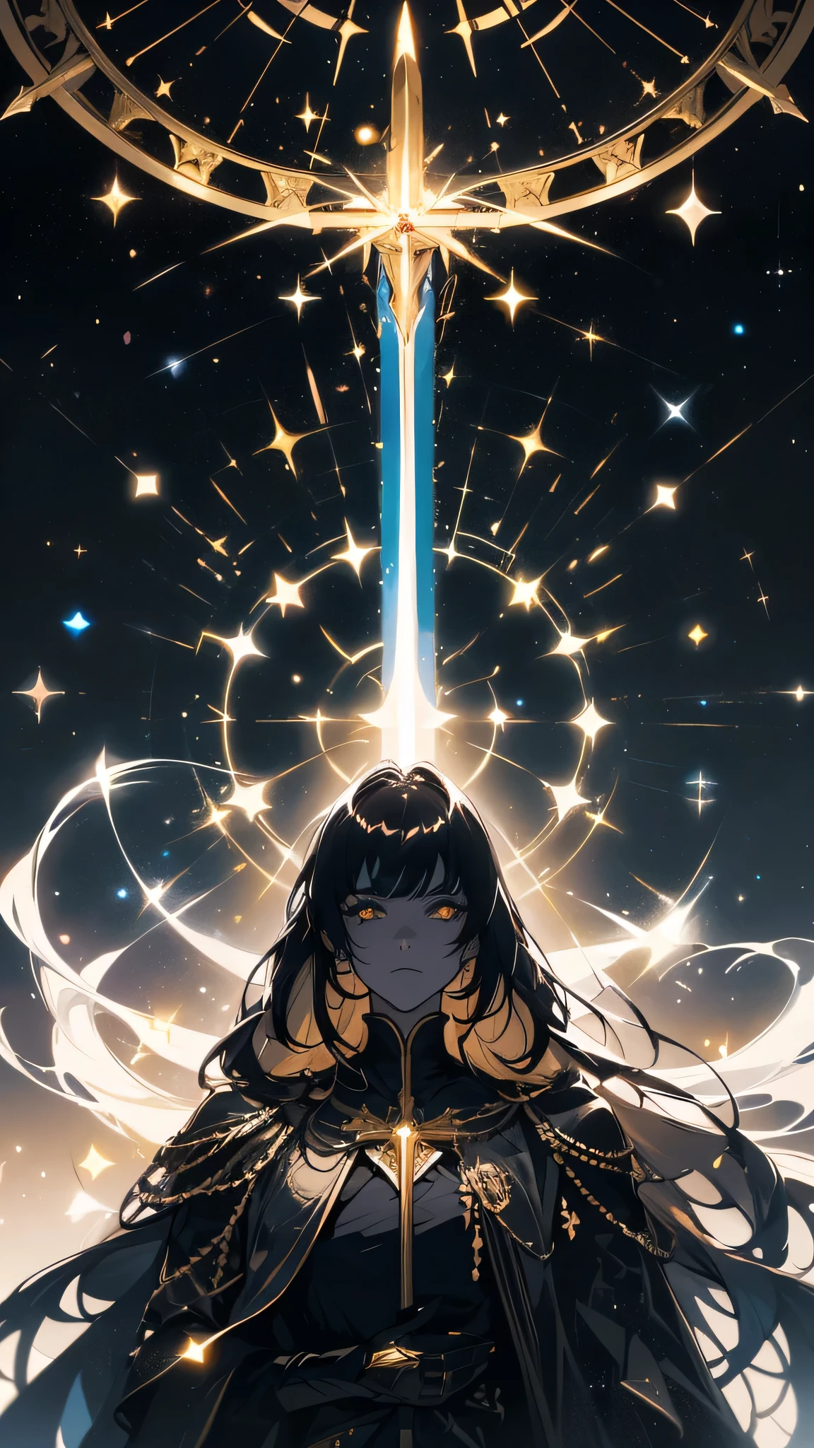 ability user, magic user, celestial, stars, moon, illuminated golden eyes, golden eyes, bright golden eyes, brown hair, long hair, long white cape, and golden robes, black gloves, high collar with golden button, holding a weapon, holding a sword, ((( setting with sword mounts, low light and leaks))), {extremely detailed 16k CG unit wallpaper}, expansive landscape photography, (a view from below with focus on character and setting), ( wide open field view), (low angle shot), (high light: 1.2), (low light: 1.8), (warm light source: 1.2), complex details, (iridescent colors: 1.5), (bright lighting ), (atmospheric lighting), dreamy, unique,