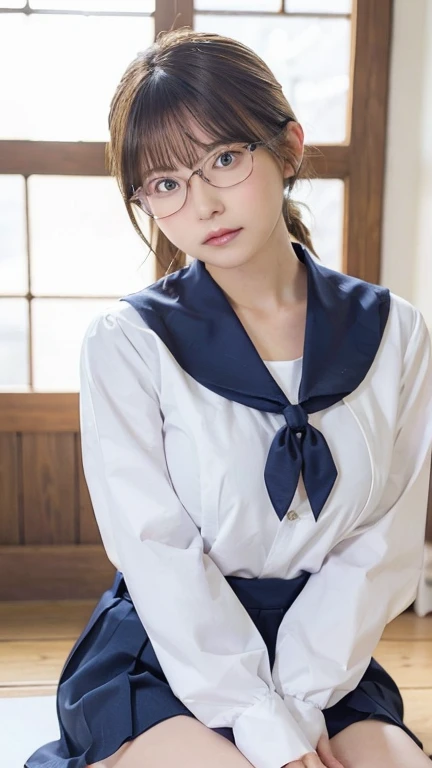 Sitting with legs crossed,1 girl, Very bright backlight,alone, {Beautiful and detailed}, (ベッドにLying写真), Very beautiful big (Huge breasts:1.5) And a small waist ((Press the chest)) ,Big Breasts,Calm expression, Natural soft light,, Delicate features, Blunt bangs, Beautiful Japanese Girl, 18-year-old, ((Seductive pose)), attractive figure,(Blonde), Light grain, Real Hands, masterpiece, highest quality, Realistic, Very detailed, In detail, High resolution,Beautiful Hair, Perfect dynamic composition, Beautiful and beautiful eyes, Japanese Idols,((I'm nervous and embarrassed)),Sharp focus, beauty mix, (Sailor suit:1.3),Movie Girl,Exhibitionism,Showing off,(short hair:1.5),(Curly Hair),(shameful),(Glasses),Intellectual atmosphere,student,shirt,skirt,tie,Button open,glossy,sexy,Shyness,Lying,Lying down,(Hair tied back),(Health Room)(ponytail)