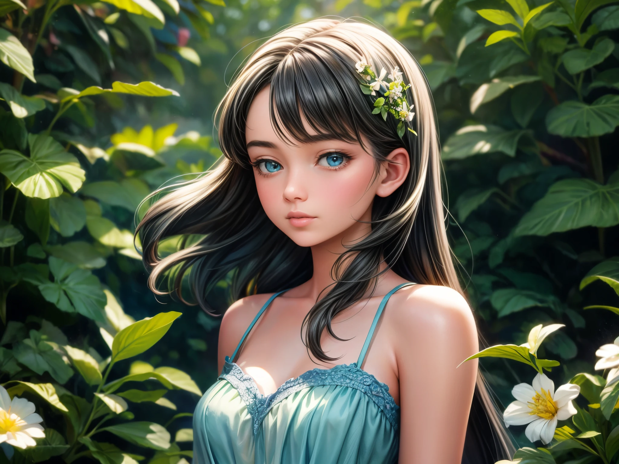 highest quality,ultra-detailed,realistic,photorealistic:1.37,soft lighting,blue moment,portrait,beautiful detailed eyes,detailed lips,serene expression,girl in a garden,flowing hair,botanical background,subtle color palette,ethereal atmosphere,painting style,delicate brushwork,naturalistic shadows and highlights,elegant posture,harmonious composition,lush greenery,gentle breeze,summer dress,floral accessories,vivid colors,subtle bokeh,peaceful ambience