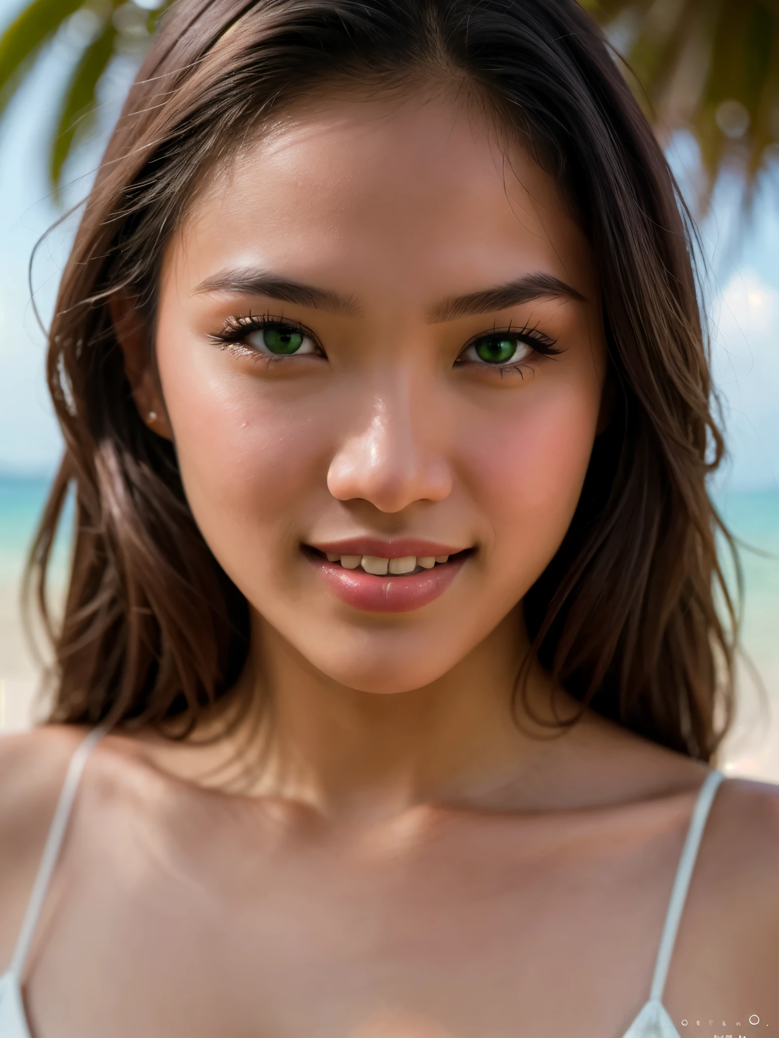 Cinematic soft lighting illuminates a stunningly detailed and ultra-realistic beautiful Oriental Thai-Filipina supermodel, beach look, long messy windy light brown hair, clear green eyes, captivating perfect smile, sensual, hot woman, gorgeous, that is trending on ArtStation. Octane is the perfect tool to capture the softest details of this 16k photography masterpiece.