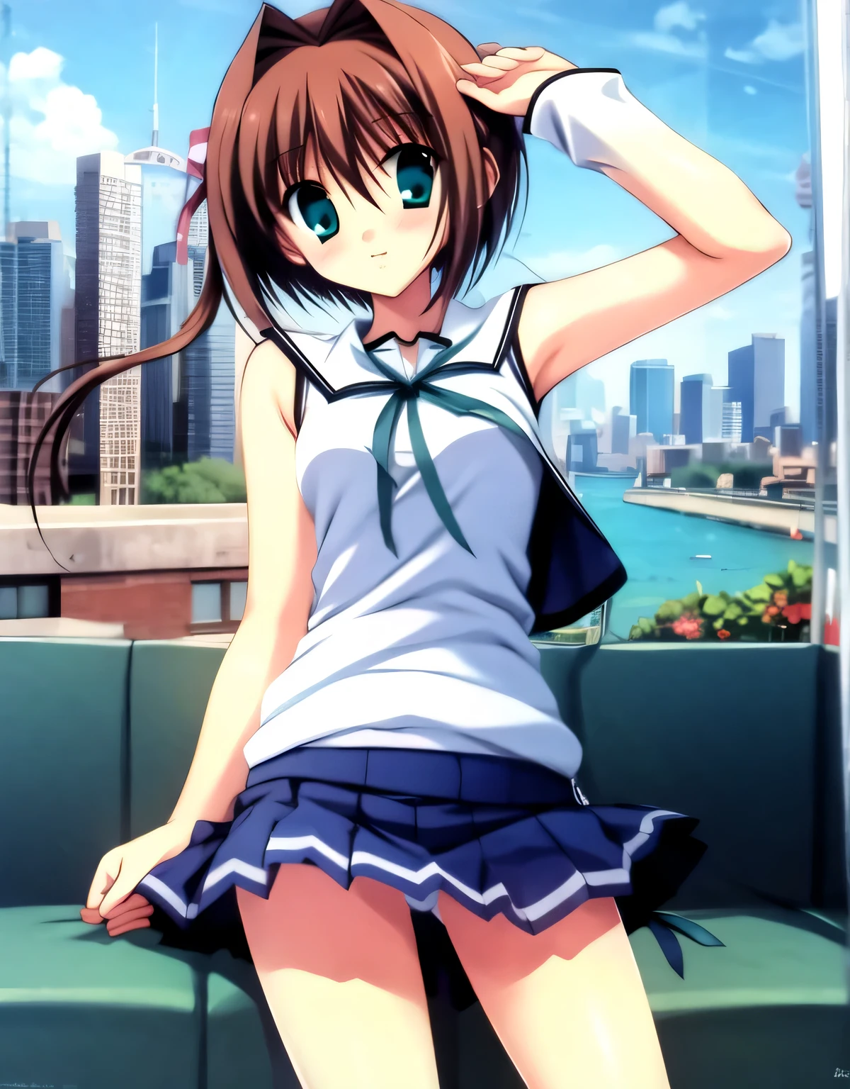 asakura_yume,Brown Hair,Medium Chest,Aqua Eye,White skin,city,Sleeveless_sweater,mini skirt,