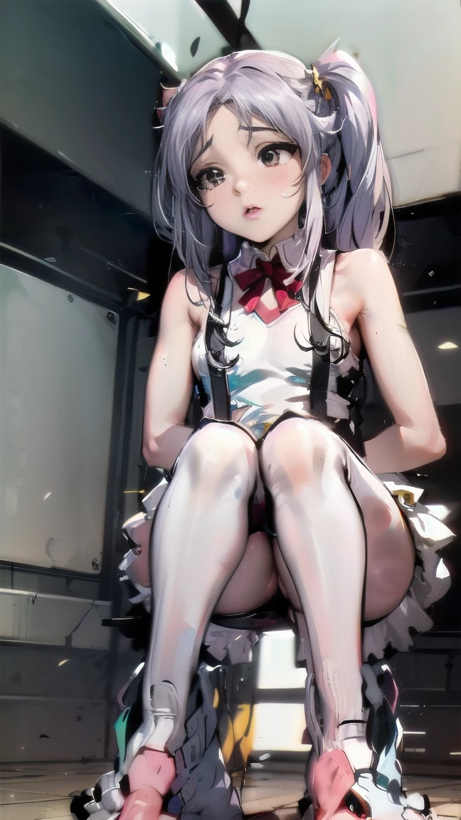 (Images that are not subject to viewing restrictions:2.3),BESTquality,Super Resolution,(very cute),(high twin tail hair:1.5),(Images with no viewing restrictions:1.8),(Squatting with legs spread wide apart:1.5),(whole body:1.2),(From belowもangle:1.2),(sexy),(White silk knee socks:1.2),(Thin suspenders:1.2),(garter belt:1.3),(Sit with your crotches wide open to the left and right.:1.2),(delicate),(highqualityanime),From belowもangle:1.2,(Sit with UPlegs:1.3), ,若いShinyShiny白いShiny肌、Platinum blonde hair with dazzling highlights、Shiny明るい髪,Smooth Hair、Shiny beautiful bangs、Shiny, Transparent and attractive、so beautiful, Nice and cute 、High resolution、Very detailedな写真、Professional Lighting、(Spread your legs wide and show your panties to the camera.:1.3)、(masterpiece, highest quality:1.2), alone, , sexy , {{{masterpiece}}}, {{{highest quality}}}, {{Very detailed}}, {{とてもdelicateで美しい}}, ,(High two side up hairstyle:1.5), very cute ,(cuteな胸, Small hips, Maid, Black Skirt, (White knee-high socks:1.3), (((legsUP:1.3))), ((Pushed backwards:1.5)), (Place your arms behind your back:1.2),,Tilt your head, In the heat, Open your mouth, Drooling, (((From below))),, (((Upper Body))), (animation, indoor, On the bed, (whole body:1.2),(Thin suspenders:1.2),(garter belt:1.3),(Drooling,(Completely hairless lower body 1.3),(short hair),(Slim and round body:1.2((Beautiful Face:1.2),(Semi-rear stick:1.2),(Bright lighting:1.2),(Small breasts:1.3), (Upper Body完全拘束),(cute)(blush:1.2),((Squat with your feet wide apart:1.8)),({ :1.3 })