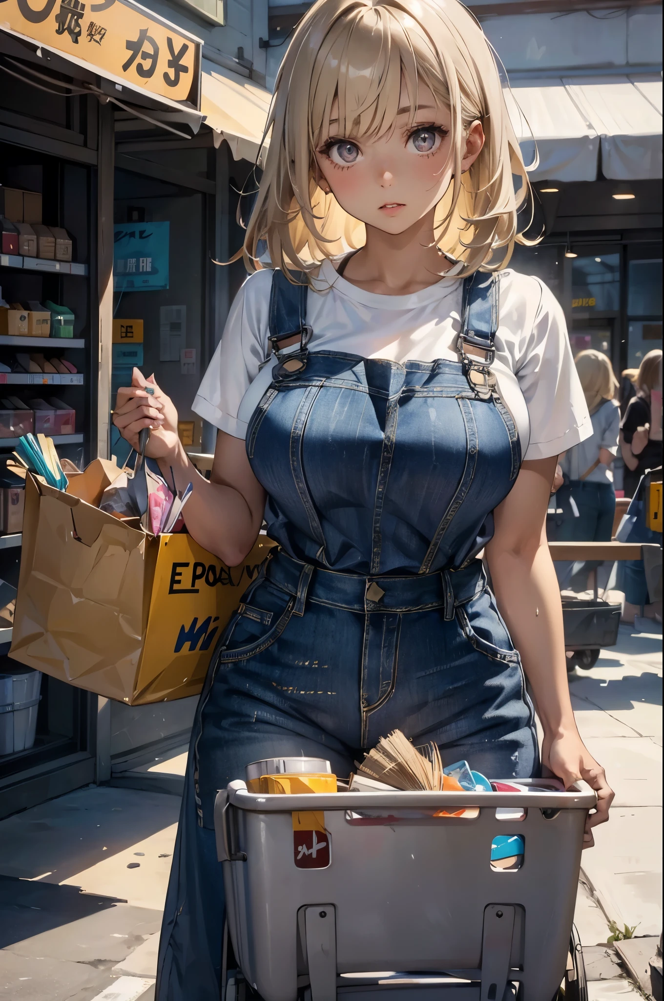 1 Girl, Cowboy shooting, Medium Length Hair, Bangs, Blonde hair, Gray eyes, Dark Skin, cosmetic, sports, Pushing a shopping cart full of paint supplies, Huge breasts, Cropped tops, Blue denim overalls, Background home decoration store,((非常Huge breasts)),Grooves reveal original skin