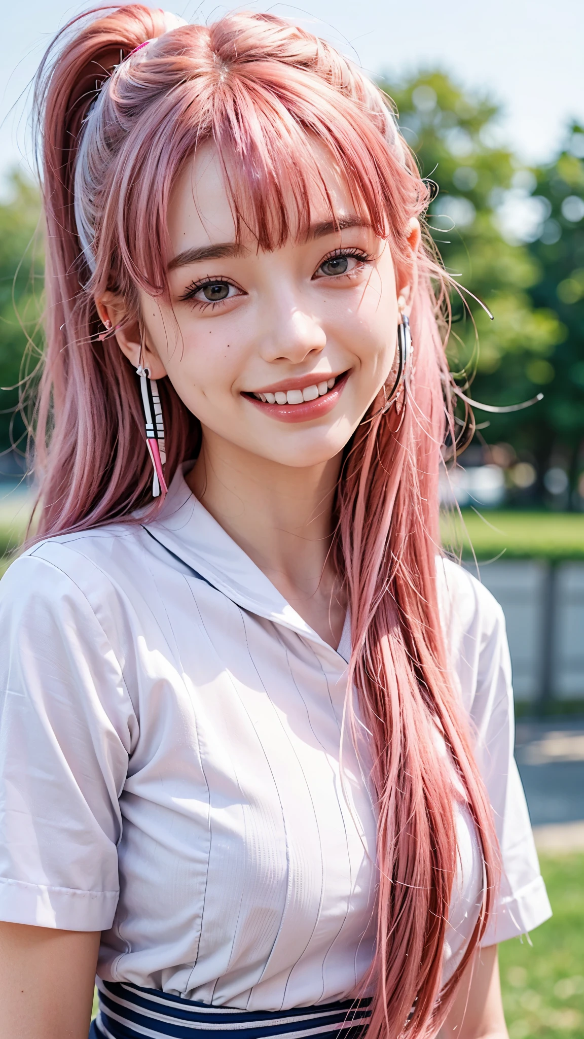highest quality, masterpiece, Ultra-high resolution, (Realistic:1.4), (Close-up portrait) RAW Photos, 1 girl,20-year-old,((Wireless Earphones)),((Nose Piercing)),,((Passionate pink hair)),((Navy blue with white stripes high school sailor uniform fashion)),Messy Hair,((Bangs short)),Realistic,Picture Media Chest)),((Smiling with teeth showing)),((Big smile))