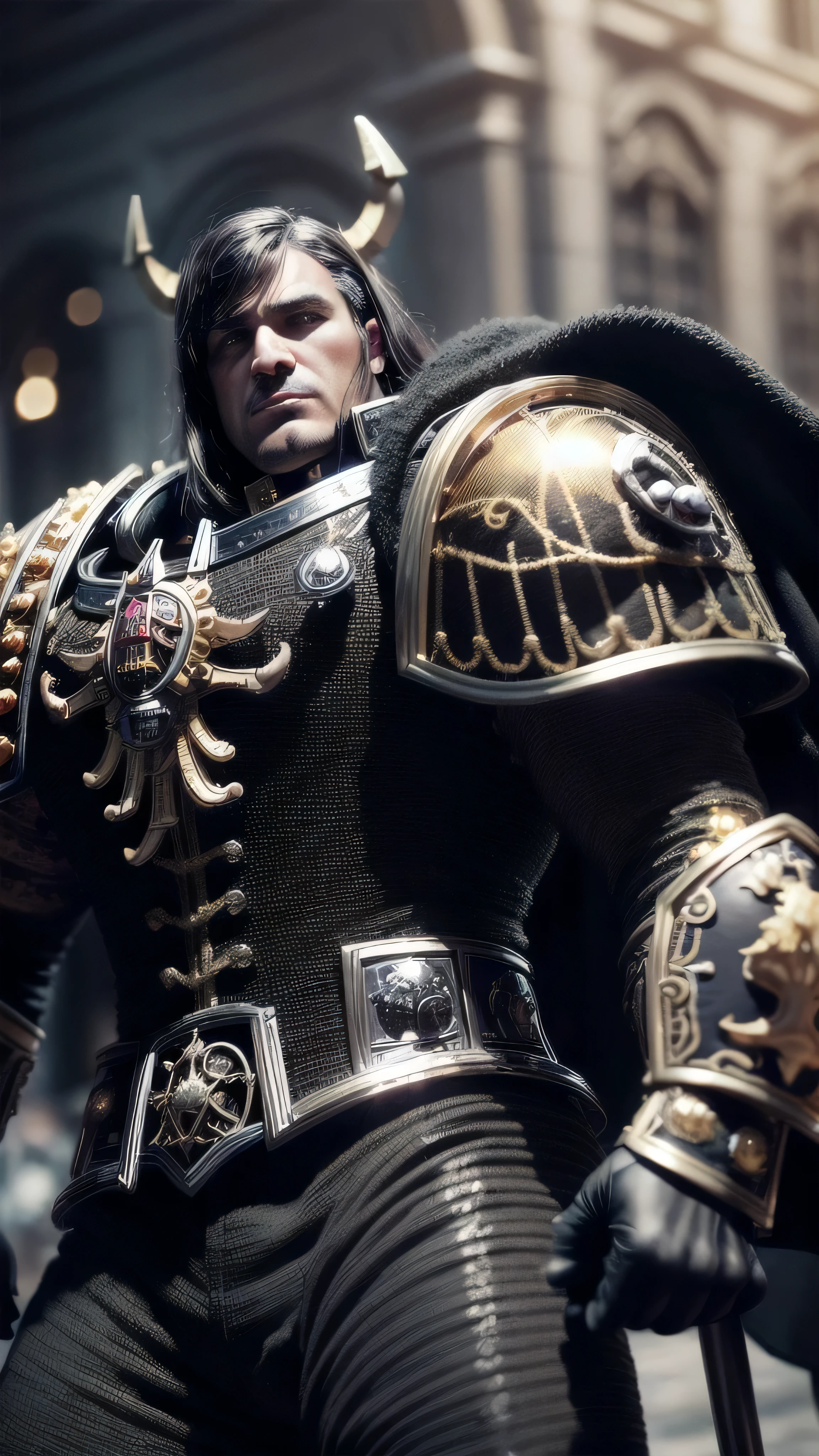 (masterpiece), ((extremely intricate:1.3)), (realistic), (((Warhammer Chaos space marine master sergeant, victorious, black chrome, gold filigree))), outdoors, metal reflections, professional photograph, sharp focus, dramatic, award winning, cinematic lighting, volumetrics dtx, (film grain, blurry background, bokeh, depth of field), 8K BREAK, (background battlefield)
