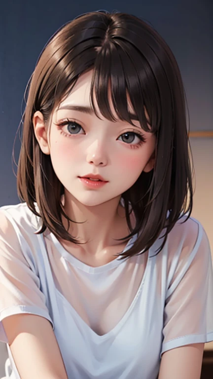 Blushing lightly and smiling, (Top quality masterpiece:1.2) Delicate illustrations, Very detailed, /Beautiful woman Japan in her 30s、1 person,Very cute and slim、Excellent style 、((8K images、super high quality))、Very delicate face, Skin and Hair、beautiful forehead、Red lipstick,(((((Shortcuts、Gradient Hair、Brown Hair))))),Very cute Japanese cut face、Eyes and nose are clearly visible、Kind eyes,(((White tight shirt、A little sheer underwear)))、Night view