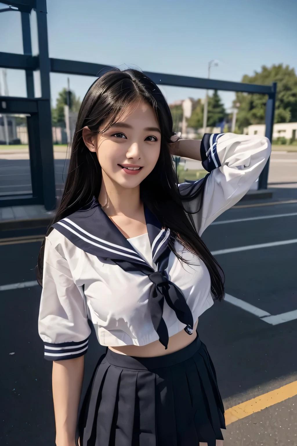 (Hyperrealism, 10, Very detailed, highest quality, Very detailed, masterpiece, Ultra-realistic, High Detail, Raw photo, Realistic,）((School、Schoolyard)）,(((school uniform, sailor suit))), (((Black pleated skirt))), (Black Stockings),(beautiful girl、Composition from the front))、highest quality, (((whole body)))、(((Large Breasts、Ｇcup)))、Beautiful Japanese Girl,Long Hair、Black Hair、 Smiling in a sexual way, ((Accurate Clothing、Accurate human body))
