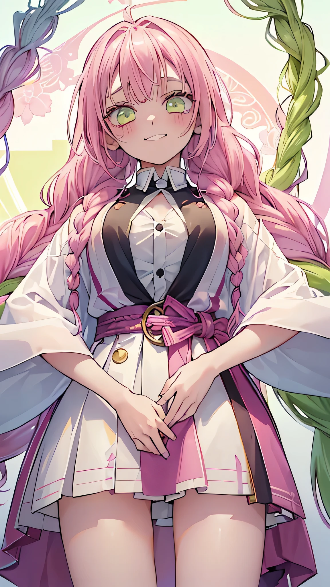 ((1girl))、masterpiece、Demon slayer、Yellow-green bristles、(Big Breslayer、(kanroji mitsuri)、Pink Hair、Braided twinasts)、(Plump thighs)、Very short skirt、(((Angle from below)))、evil grin、The button on the chest is undone、standing with legs apart、Hands on hips、(((Super close-up of the crotch)))、