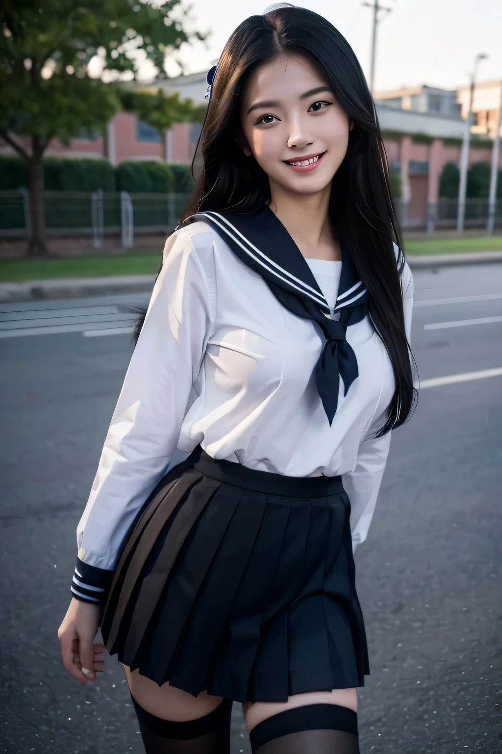 (Hyperrealism, 10, Very detailed, highest quality, Very detailed, masterpiece, Ultra-realistic, High Detail, Raw photo, Realistic,）((School、Schoolyard)）,(((school uniform, sailor suit))), (((Black pleated skirt))), (Black Stockings),(beautiful girl、Composition from the front))、highest quality, (((whole body)))、(((Large Breasts、Ｇcup)))、Beautiful Japanese Girl,Long Hair、Black Hair、 Smiling in a sexual way, ((Accurate Clothing、Accurate human body))