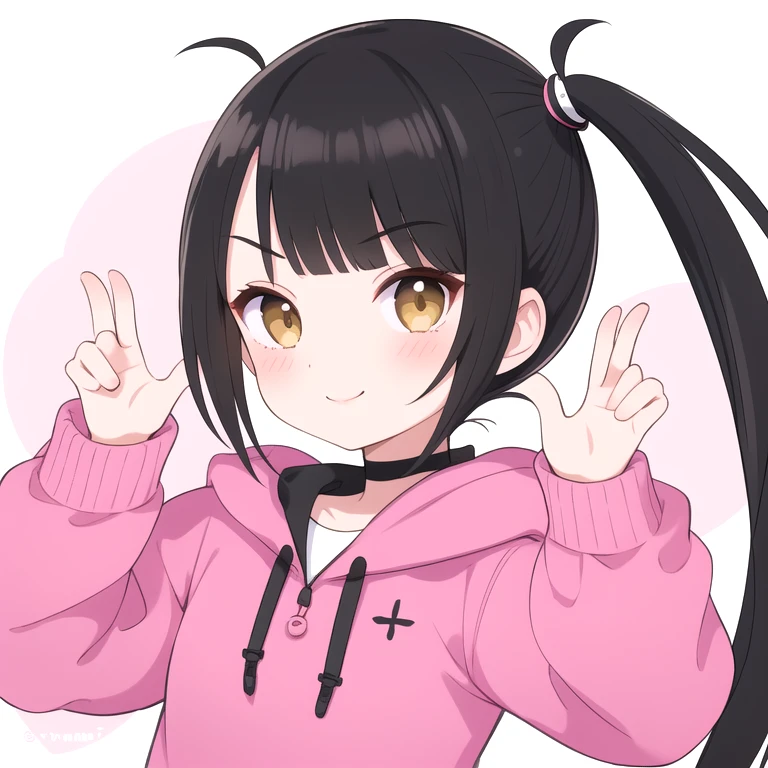 Highest_quality,masterpiece,1_girl,  smile, tooth, Black Hair, short hair,bangs, Open your mouth, Side Ponytail,Raise your arms,  blunt bangs, Reverse hair