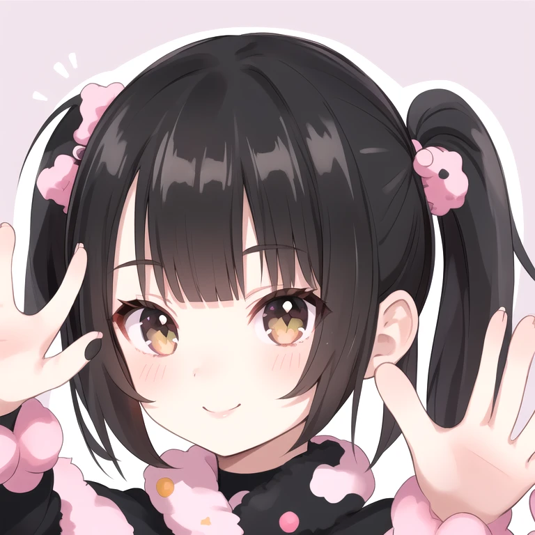 Highest_quality,masterpiece,1_girl,  smile, tooth, Black Hair, short hair,bangs, Open your mouth, Side Ponytail,Raise your arms,  blunt bangs, Reverse hair