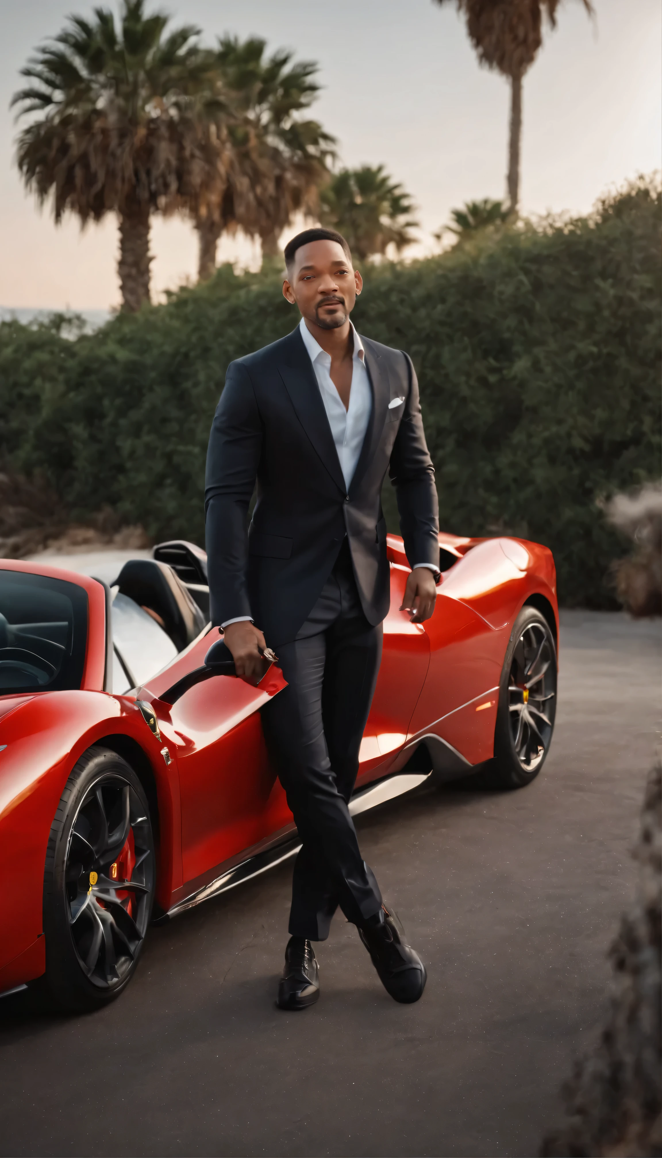 movie「Bat Boys II」So、High-resolution images emerge of Will Smith getting out of his Ferrari looking confident and enthusiastic.。Masterpiece imagery with intricate facial details、Slight wrinkles around the eyes、A clear curve of the nose、Reveals small lines at the corners of the mouth、It creates a real atmosphere。The setting is a seaside road、The sun sets behind me、Water sparkles in the distance、Casts a long, dramatic shadow。Will Smith with his muscular build and black suit、Standing in front of the Ferrari。