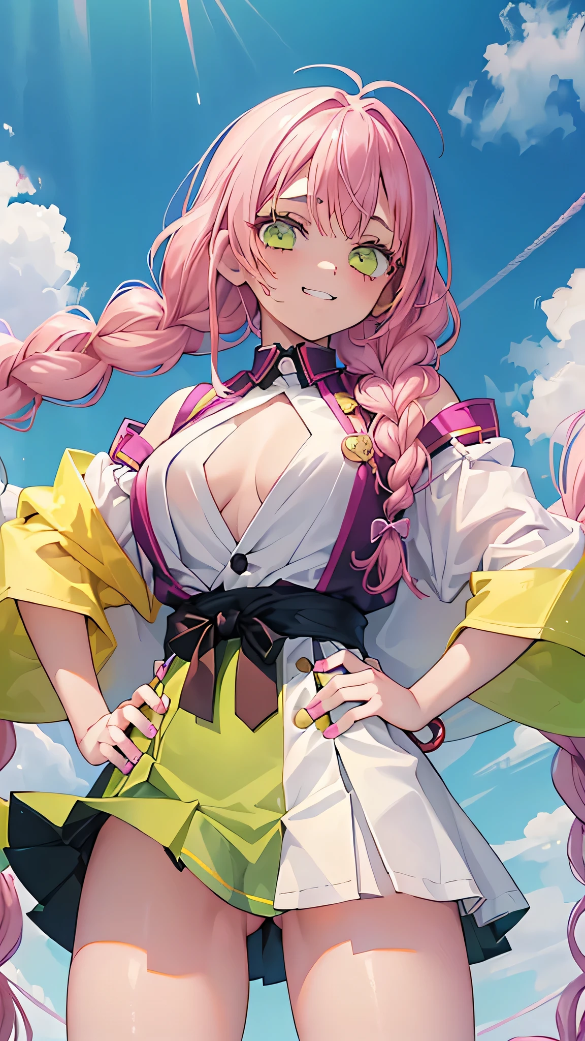 ((1girl))、masterpiece、Demon tails、Yellow-green bristles、(Big Breslayer、(kanroji mitsuri)、Pink Hair、Braided twinasts)、(Plump thighs)、Very short skirt、((Angle from below))、evil grin、The button on the chest is undone、standing with legs apart、Hands on hips、(((Super close-up of the crotch)))、