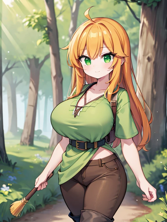 A cute girl, Alex from Minecraft, (solo), (Orange hair), (slightly messy hair), (Lush, Thick, long hair), Beautiful Green eyes, ((Extremely Gigantic Breasts)). Wearing a (worn Green Tunic), (worn DarkBrown Pants), and (Grey Boots). Walking on a trail in a Forest, with a happy and focused facial expression. ((detail face)), 8k, super detail, masterpiece, high quality, high resolution, high detail, high face detail, HD quality, empty hands, very cute, bright, she is hiking on a Forest trail in the mountains.