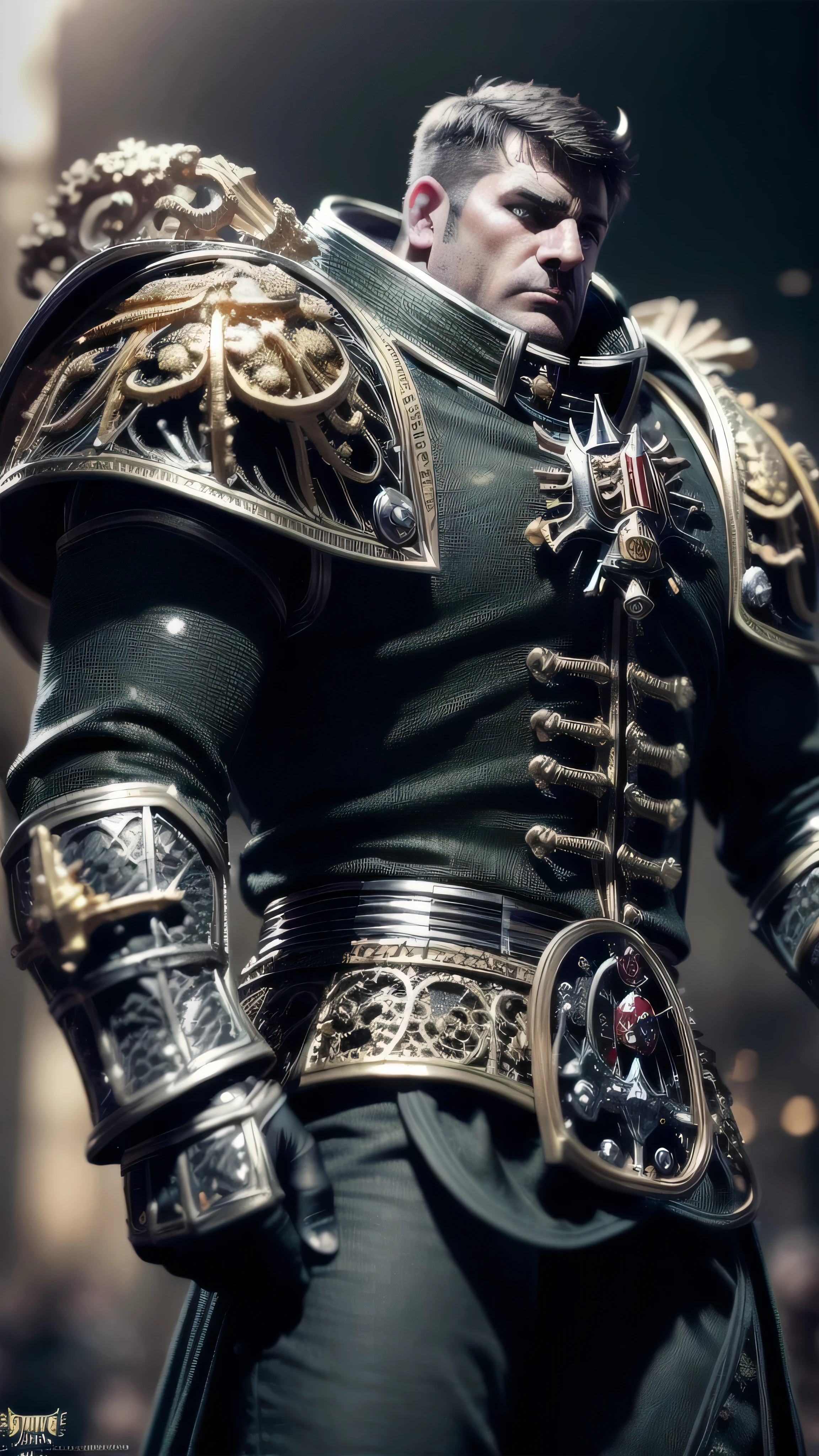 (masterpiece), ((extremely intricate:1.3)), (realistic), (((Warhammer Chaos space marine master sergeant, victorious, black chrome, gold filigree))), outdoors, metal reflections, professional photograph, sharp focus, dramatic, award winning, cinematic lighting, volumetrics dtx, (film grain, blurry background, bokeh, depth of field), 8K BREAK, (background battlefield)