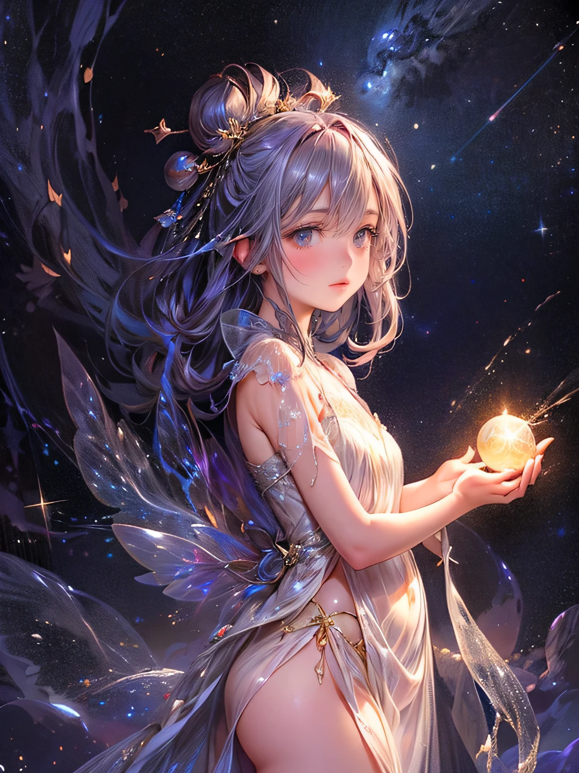 octans,Star Fairy,燦めくStars in the night sky,milky way,transparent bowl gown dress(flowing),beautiful delicate(Stars in the night sky,hair,face,eyes,lips,skin,thigh,clothes),sparkling eyes,bright rosy lips,view from side