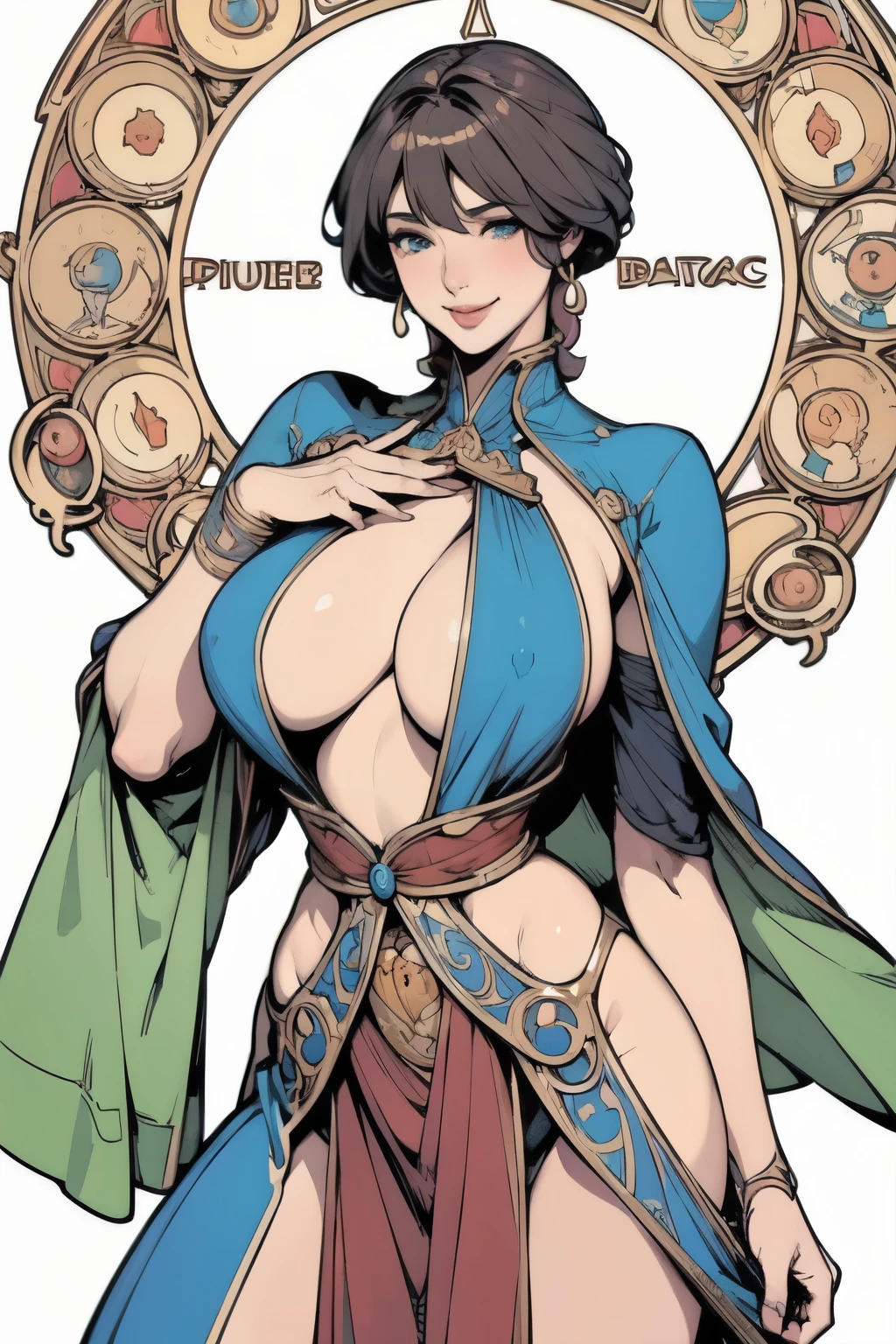 Mucha's style,Big-breasted girl with a full view of her pussy,Sexy poses,Arcaniic smile,(Medieval female wizard)),(Mucha in the background)