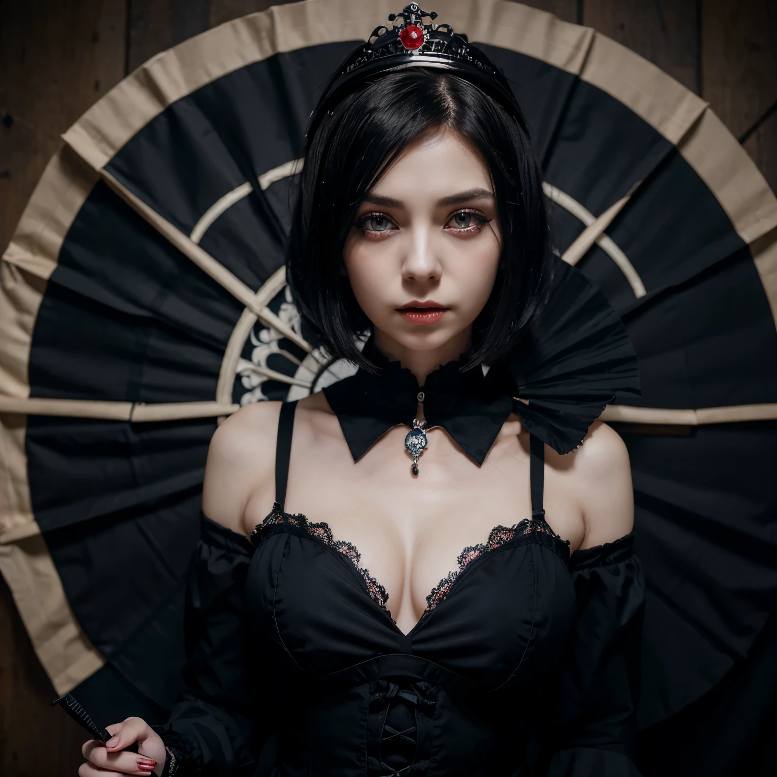 anime female, cute, black bob hair with long side hair to her chest, white pale skin, , right red eye, blue left eye, beautiful , elegant lady, short, covering her mouth with gothic fan, wide eyes, gothic ta, royalty theme, wearing crown