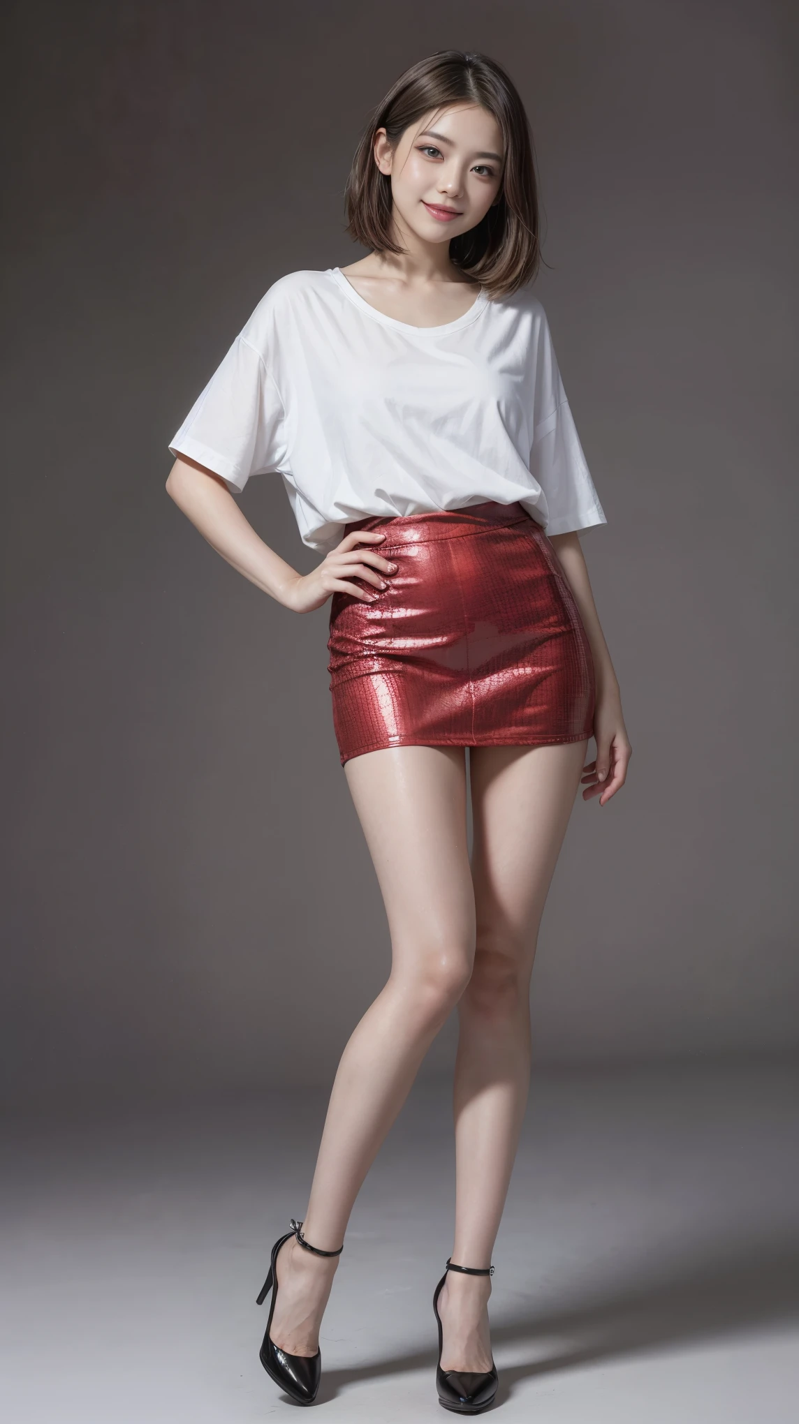 highest quality,masterpiece,Ultra-high resolution,Original photo,Ultra-high resolution,Beautiful woman 25 years old woman'Fashion that was popular in the 2000s,Ultra mini skirt,Clothing from the Heisei era in Japan,Long legs:1.5,Full Body,Flashy makeup using red eyeshadow,Big smile,Short cut with subtle side waves,whole body,Gray background,