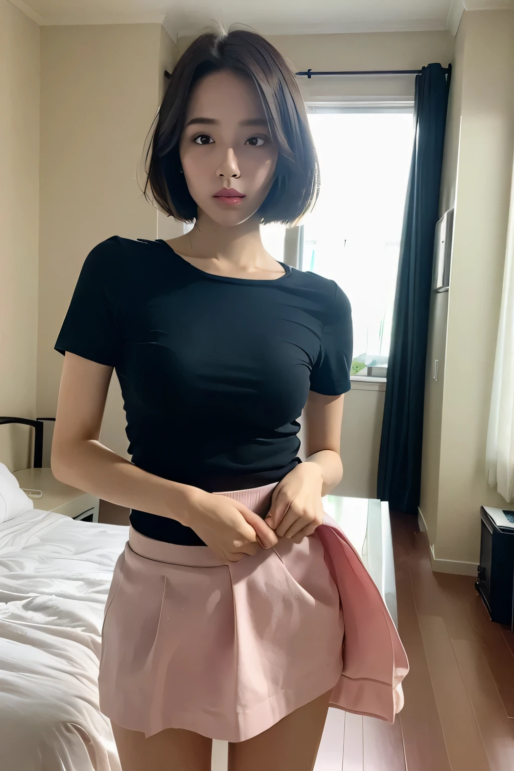 (very detailed Cg Unity 8K wallpaper, highest quality, Very detailed, masterpiece, Realistic, photo Realistic), Very detailedなかわいい女の子, 20-year-old, (((sincerity、Skirt Lift))), (Lift it yourself), panties , panties focus, blush, Lips parted, Looking at the camera , Half Body Shot , (room), (alone) , short hair ,