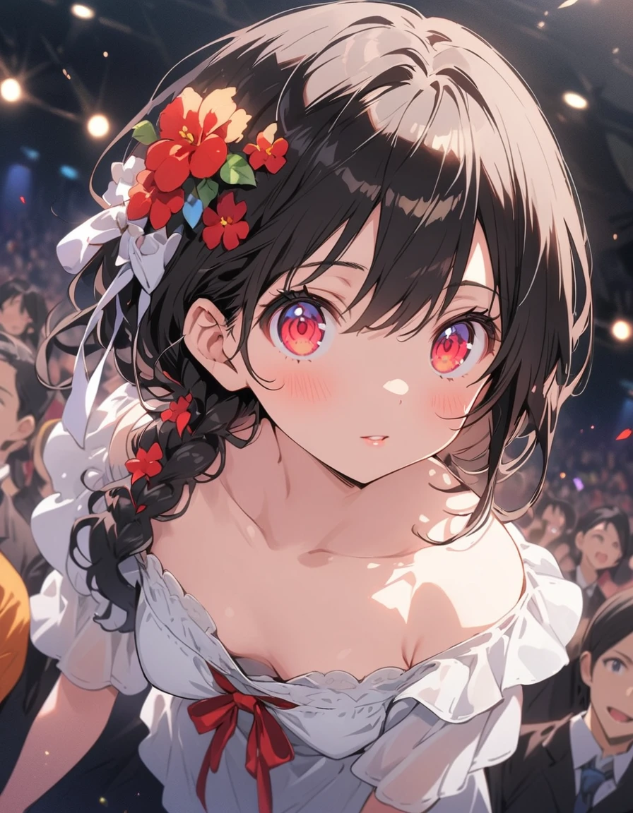 animeの女の子, , detailedな肌, Very small breasts, Black Hair, 非常にdetailed, 8kの非常にdetailedな顔, perfect face shape, Perfect Lips, Perfect Nose, Correct beautiful eyes, Audience, White shirt, Hair Flowers, masterpiece, (highest quality、masterpiece、High resolution、detailed)、animeスタイル、Flat Style、(Shining Eyes、detailed美しい顔),  BREAK, No bra, No panties, alone、extremely detailed、High saturation、Dynamic Angle、anime