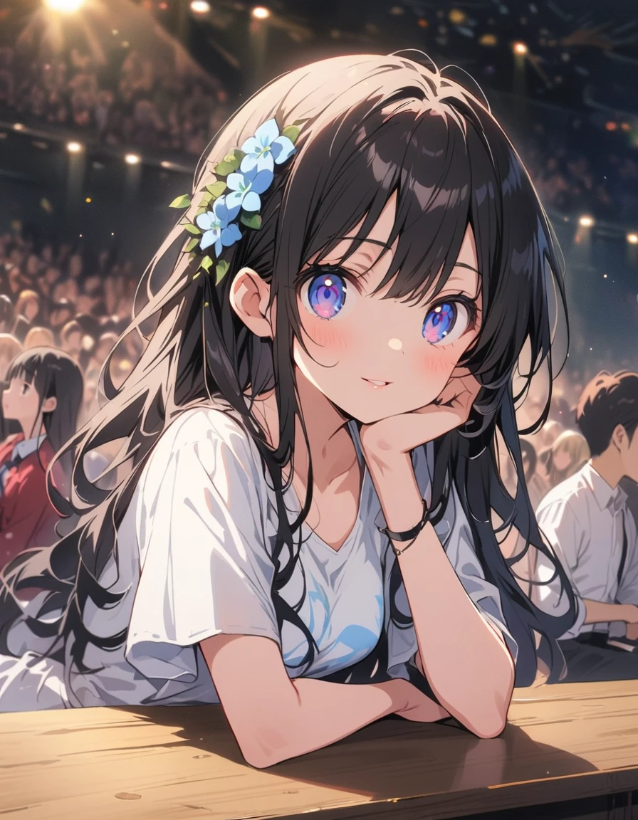 animeの女の子, , detailedな肌, Very small breasts, Black Hair, 非常にdetailed, 8kの非常にdetailedな顔, perfect face shape, Perfect Lips, Perfect Nose, Correct beautiful eyes, Audience, White shirt, Hair Flowers, masterpiece, (highest quality、masterpiece、High resolution、detailed)、animeスタイル、Flat Style、(Shining Eyes、detailed美しい顔), BREAK, No bra, No panties, alone、extremely detailed、High saturation、Dynamic Angle、anime