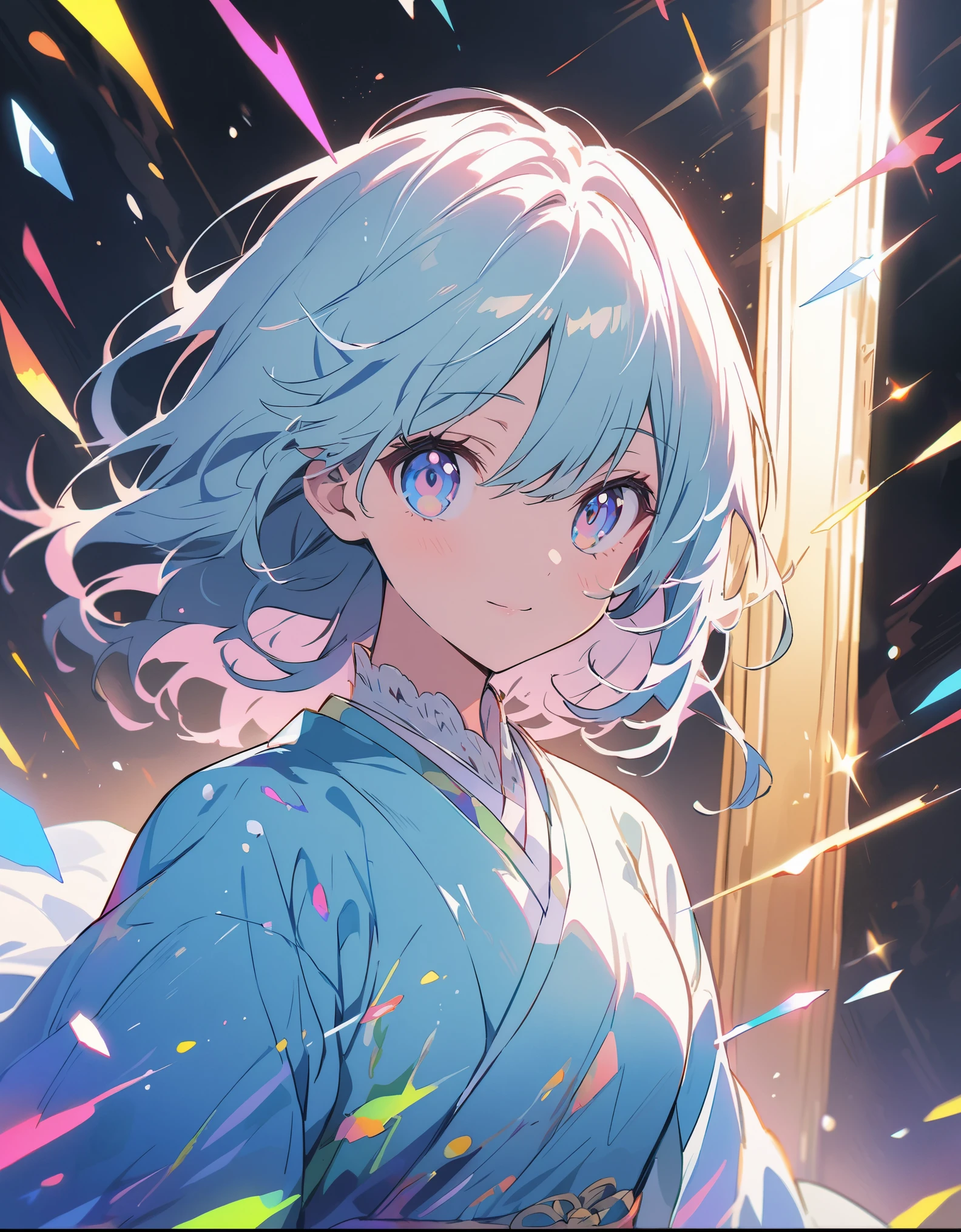 A high-quality hologram trading card depicting an anime-style girl, with glitter, mother-of-pearl, and a black background around the card, clear coloring, and colorful、(highest quality、masterpiece、High resolution、detailed)、animeスタイル、Flat Style、(Beautiful Eyes, Delicate and beautiful face, ), BREAK,extremely detailed、(The Shining), Best lighting, Best Shadow、floating, (High saturation), (Shine), Focus on the face, Dynamic Angle、anime
