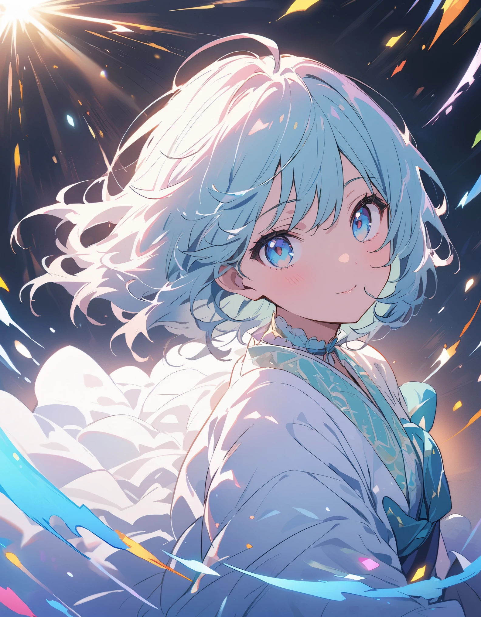 A high-quality hologram trading card depicting an anime-style girl, with glitter, mother-of-pearl, and a black background around the card, clear coloring, and colorful、(highest quality、masterpiece、High resolution、detailed)、animeスタイル、Flat Style、(Beautiful Eyes, Delicate and beautiful face, ), BREAK,extremely detailed、(The Shining), Best lighting, Best Shadow、floating, (High saturation), (Shine), Focus on the face, Dynamic Angle、anime