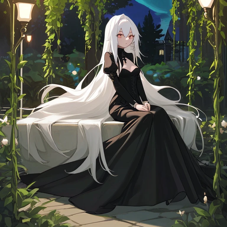 A girl with long white hair in a black ball gown is sitting alone in a beautiful garden at night 