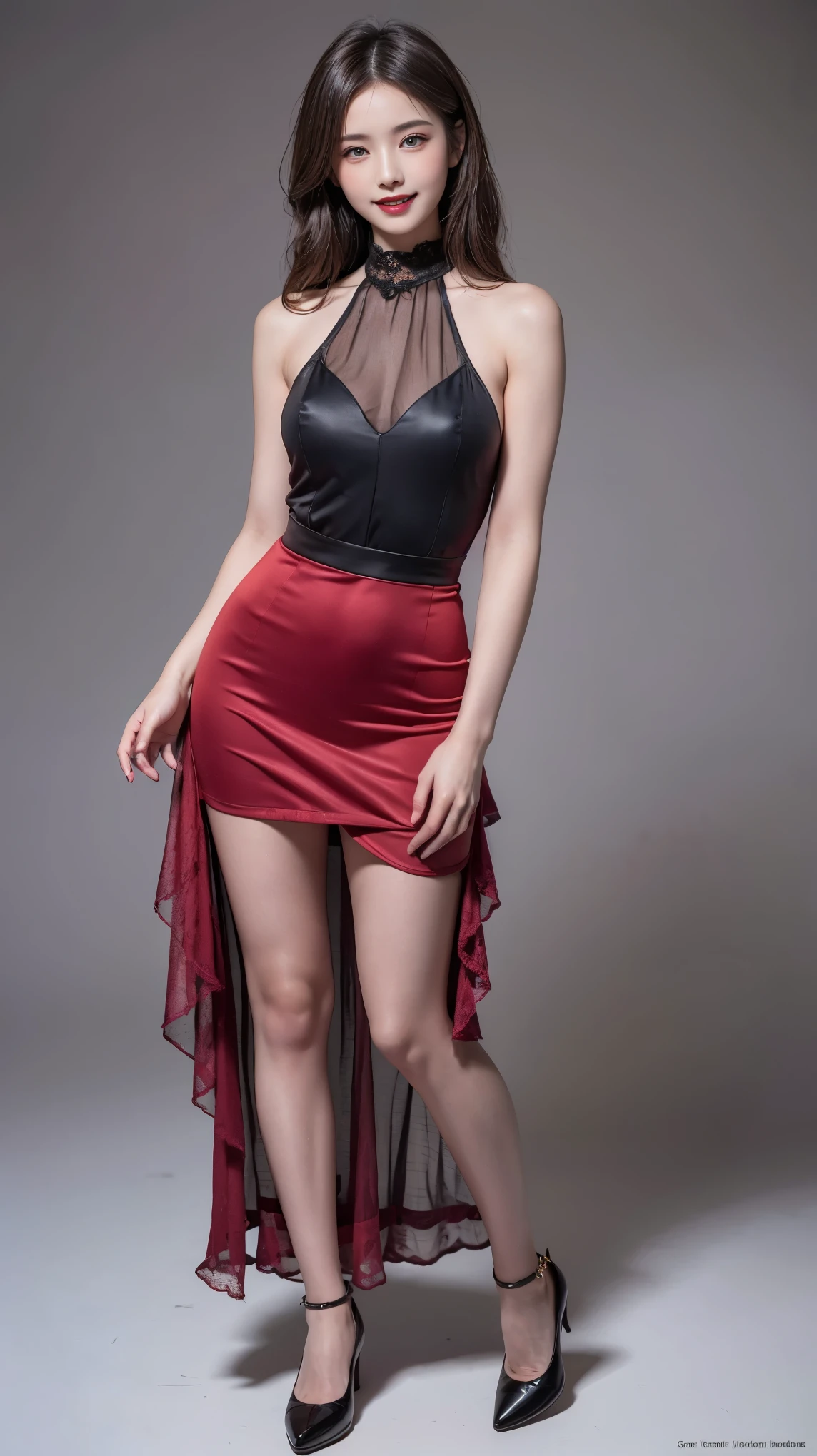 highest quality,masterpiece,Ultra-high resolution,Original photo,Ultra-high resolution,Beautiful woman 25 years old woman,British fashion in 1900,dress,Full Body,high waist,Flashy makeup using red eyeshadow,Big smile,Short cut with subtle side waves,whole body,Gray background,