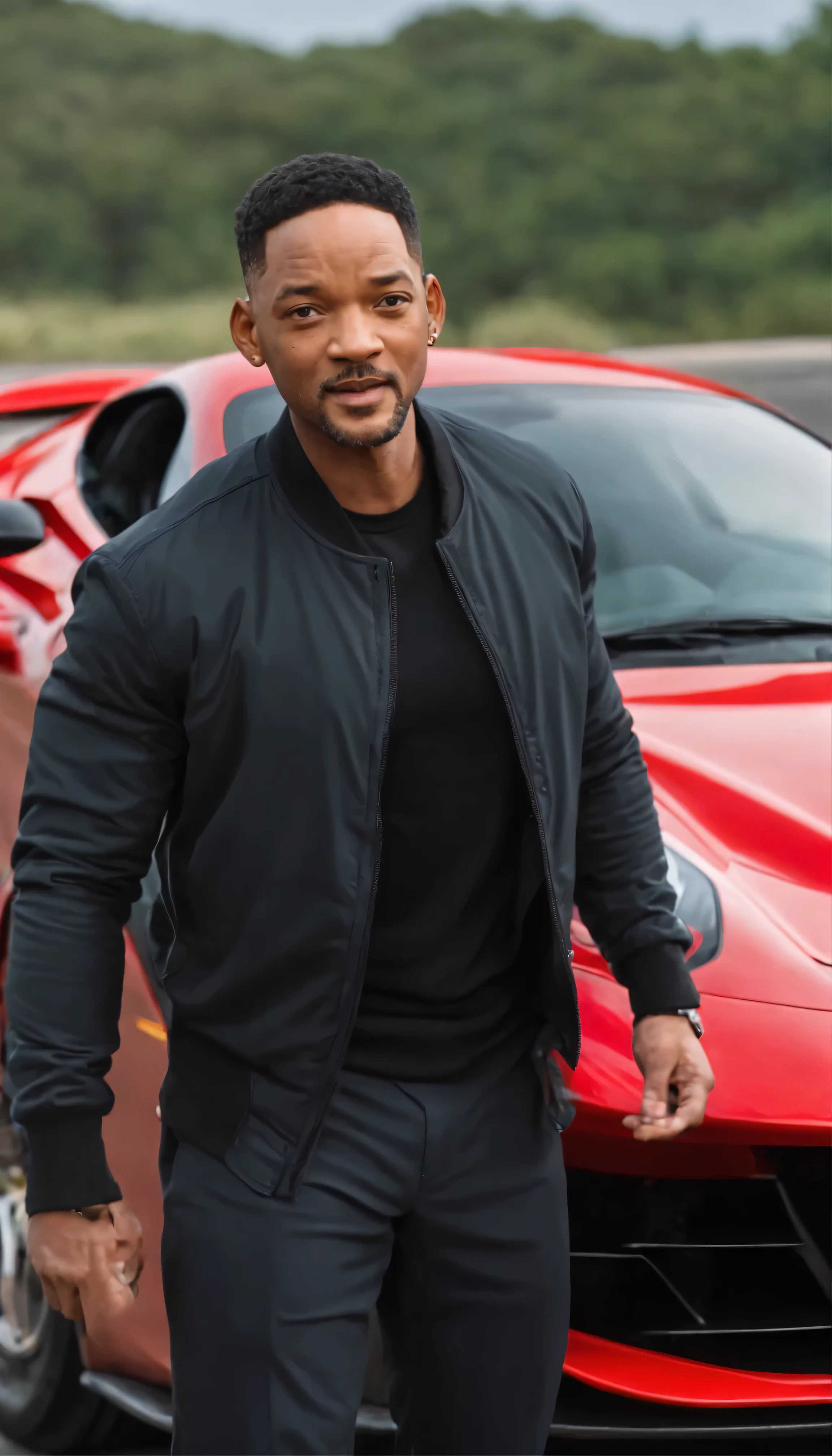 movie「Bat Boys II」So、High-resolution images emerge of Will Smith getting out of his Ferrari looking confident and enthusiastic.。Masterpiece imagery with intricate facial details、Slight wrinkles around the eyes、A clear curve of the nose、Reveals small lines at the corners of the mouth、It creates a real atmosphere。The setting is a seaside road、The sun sets behind me、Water sparkles in the distance、Casts a long, dramatic shadow。Will Smith with his muscular build and black suit、Standing in front of the Ferrari。